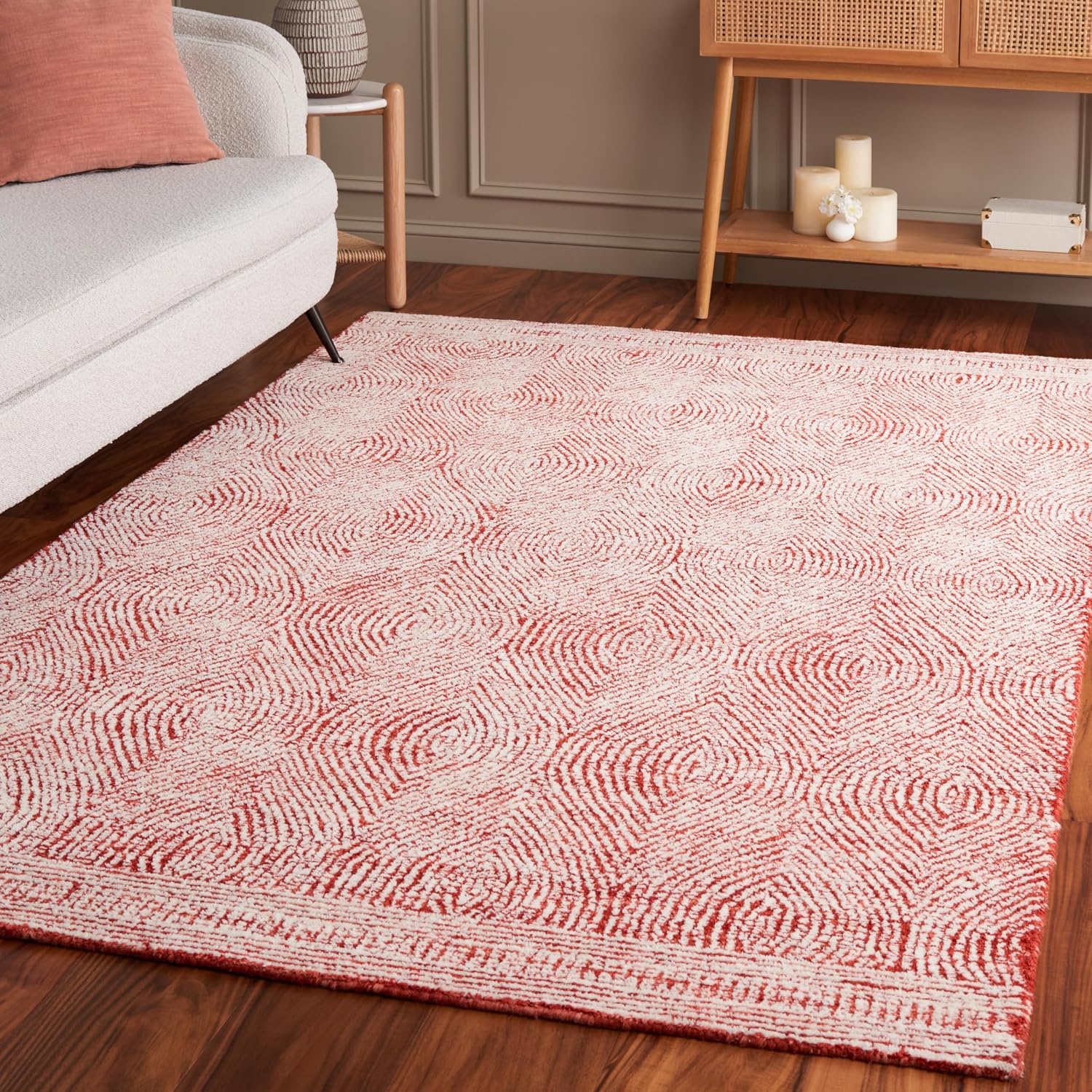 image:imageSAFAVIEH Abstract Collection Area Rug 10 Square Ivory amp Charcoal Handmade Wool Ideal for High Traffic Areas in Living Room Bedroom ABT340HIvoryRed