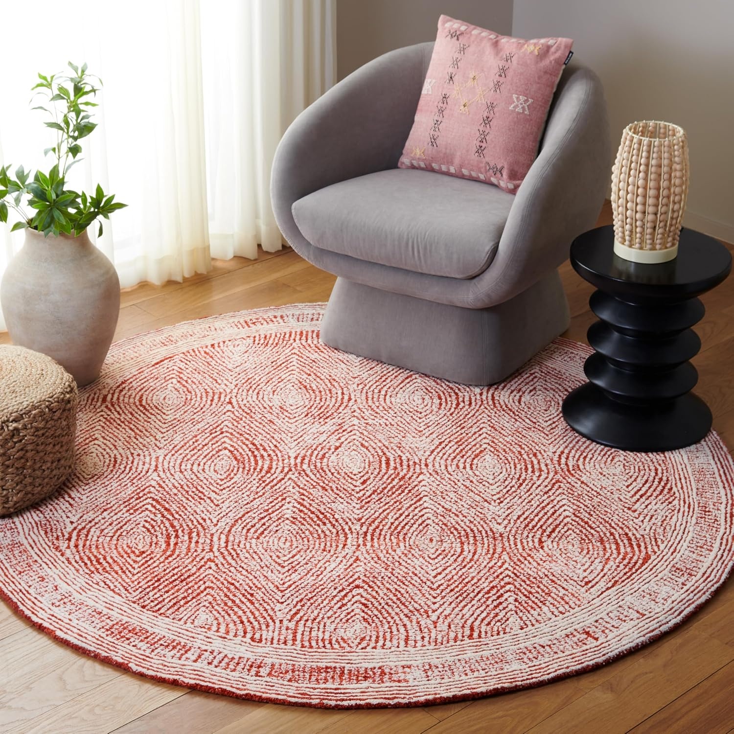 image:imageSAFAVIEH Abstract Collection Area Rug 10 Square Ivory amp Charcoal Handmade Wool Ideal for High Traffic Areas in Living Room Bedroom ABT340HIvoryRed