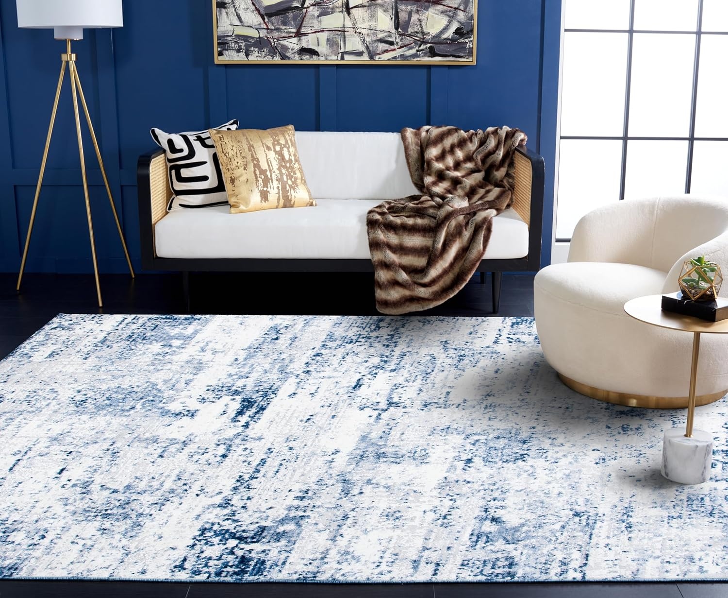 image:imageSAFAVIEH Amelia Collection Area Rug 8 x 10 Ivory amp Blue Modern Abstract Design NonShedding amp Easy Care Ideal for High Traffic Areas in Living Room Bedroom ALA700AIvoryNavy