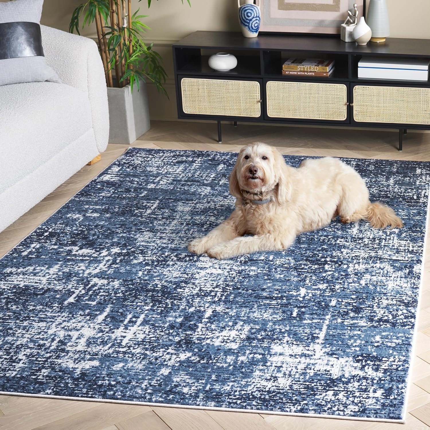 image:imageSAFAVIEH Amelia Collection Area Rug 8 x 10 Ivory amp Blue Modern Abstract Design NonShedding amp Easy Care Ideal for High Traffic Areas in Living Room Bedroom ALA700AIvoryDark Blue