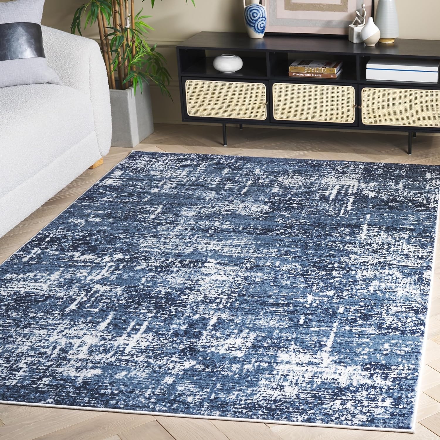 image:imageSAFAVIEH Amelia Collection Area Rug 8 x 10 Ivory amp Blue Modern Abstract Design NonShedding amp Easy Care Ideal for High Traffic Areas in Living Room Bedroom ALA700AIvoryDark Blue