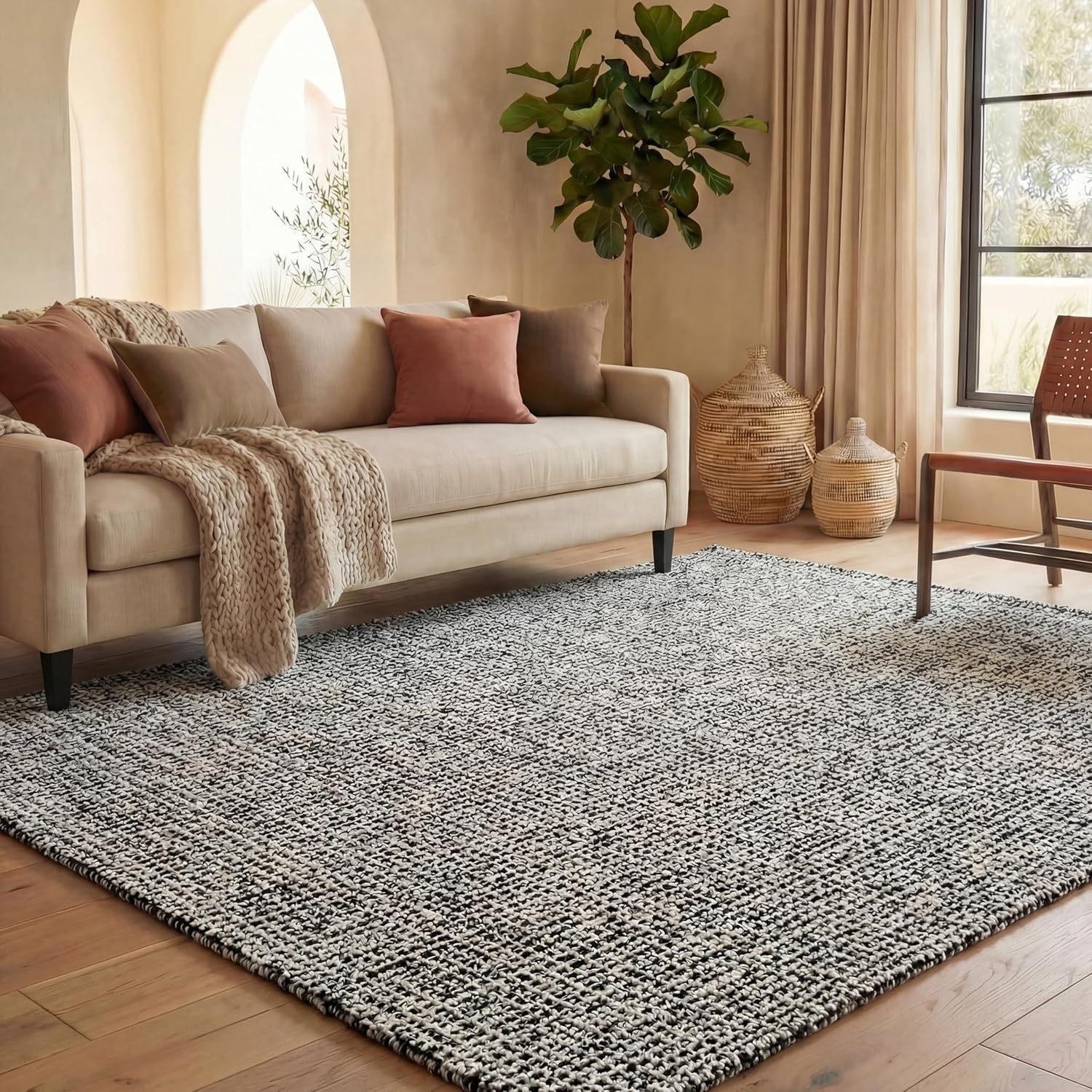 image:imageSAFAVIEH Area Rug 8x10 Abstract Collection Large Light Grey amp Ivory Handmade Wool Ideal for Living Room Bedroom Office Dining Space ABT468FBlackIvory