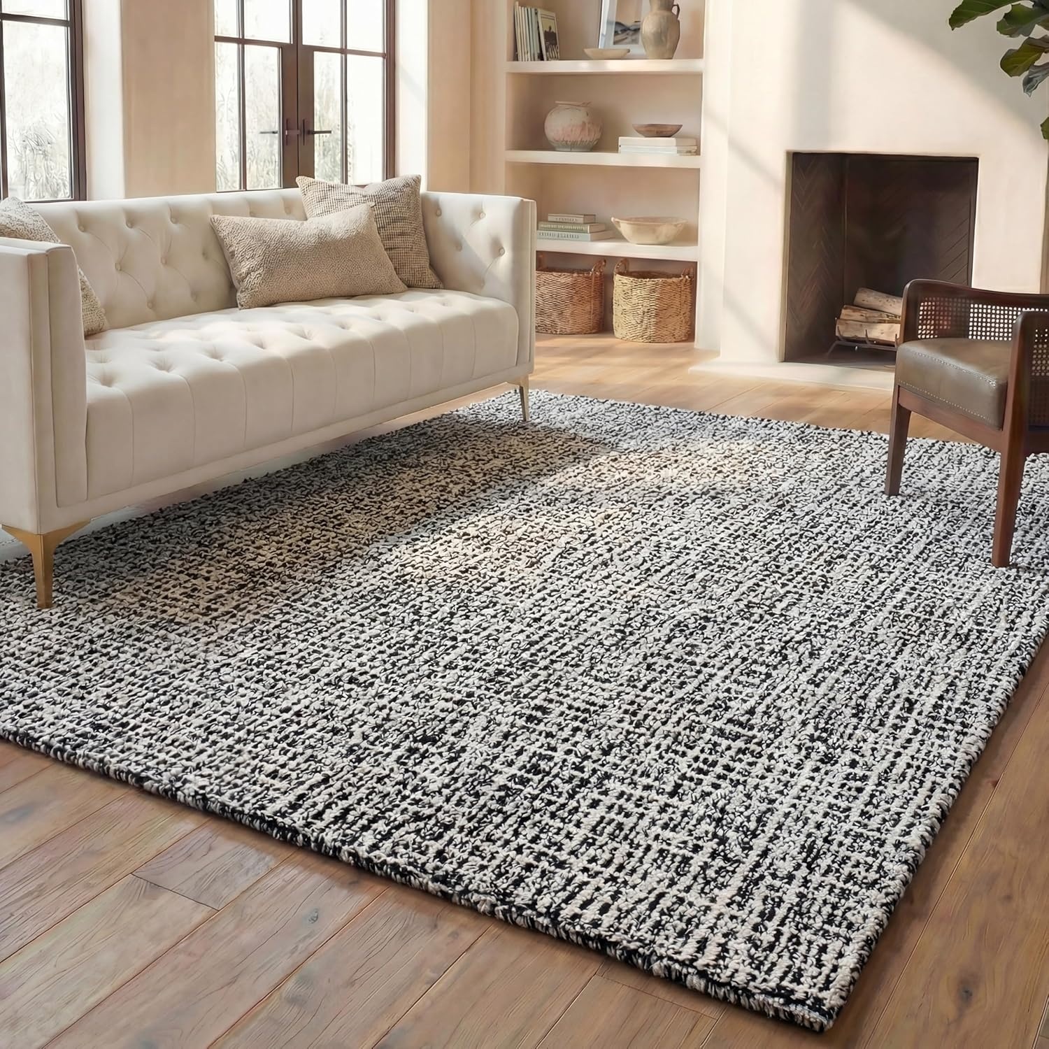 image:imageSAFAVIEH Area Rug 8x10 Abstract Collection Large Light Grey amp Ivory Handmade Wool Ideal for Living Room Bedroom Office Dining Space ABT468FBlackIvory