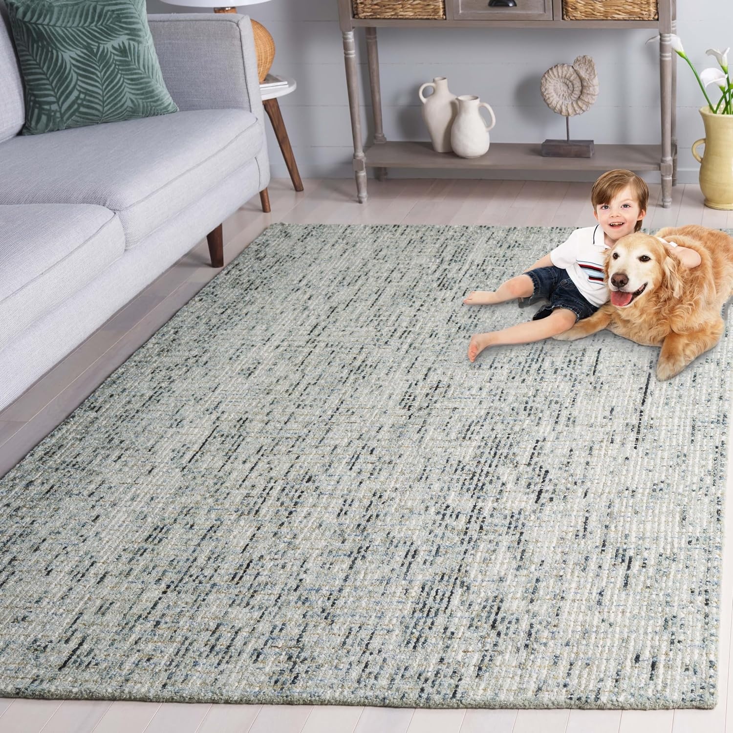 image:imageSAFAVIEH Area Rug 8x10 Abstract Collection Large Light Grey amp Ivory Handmade Wool Ideal for Living Room Bedroom Office Dining Space ABT468FGreenIvory
