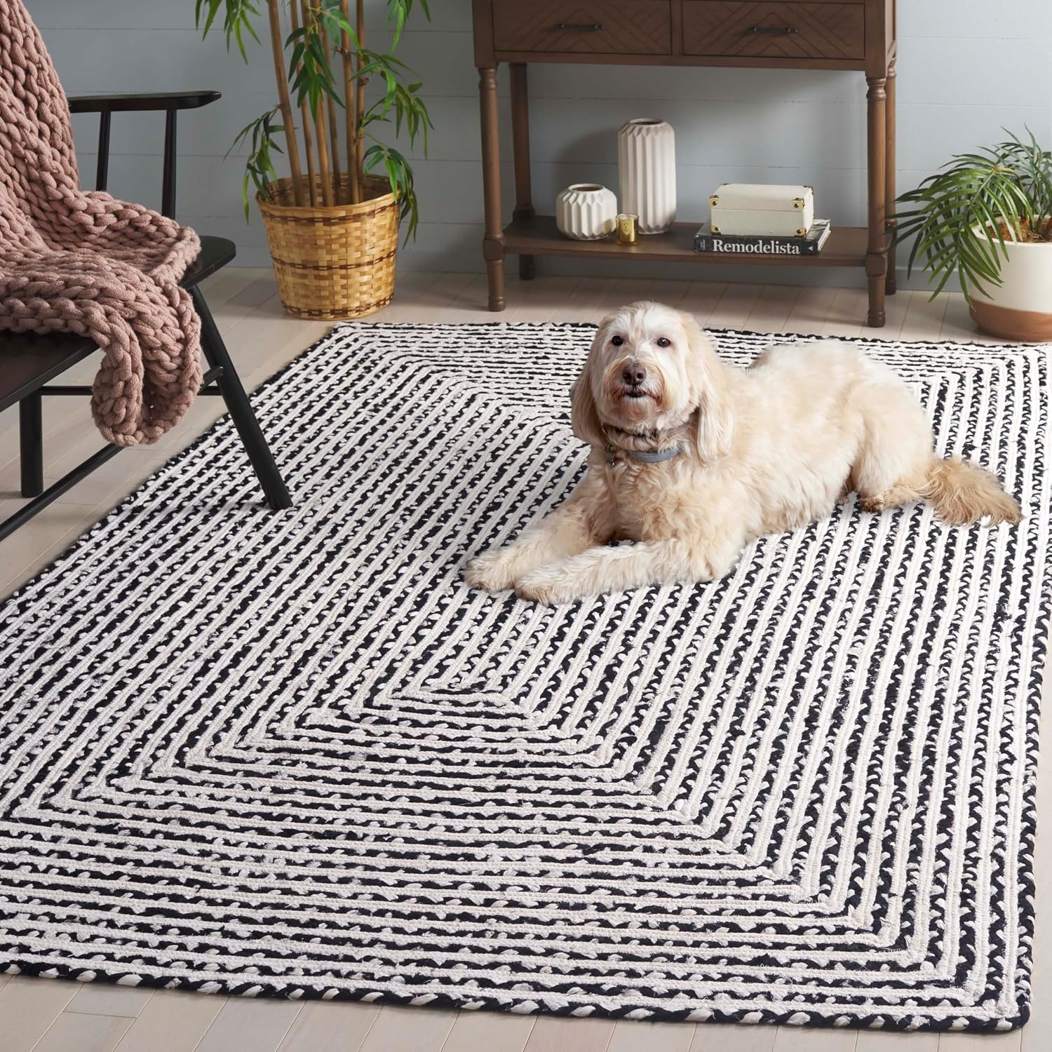 image:imageSAFAVIEH Area Rug 8x10 Braided Collection Large Blue amp Ivory Handmade Cotton Ideal for Living Room Bedroom Office Dining Space BRD260MBlackIvory