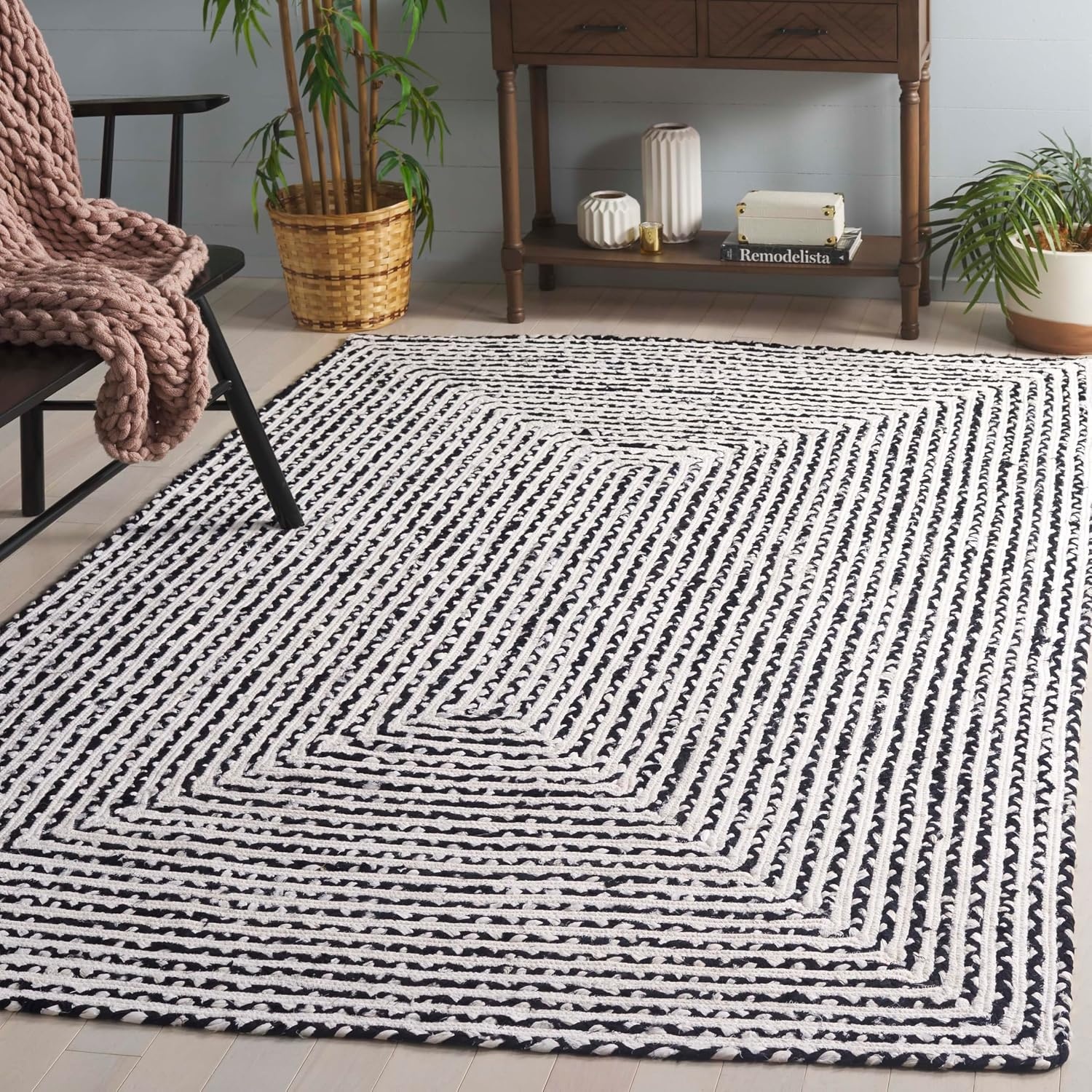 image:imageSAFAVIEH Area Rug 8x10 Braided Collection Large Blue amp Ivory Handmade Cotton Ideal for Living Room Bedroom Office Dining Space BRD260MBlackIvory