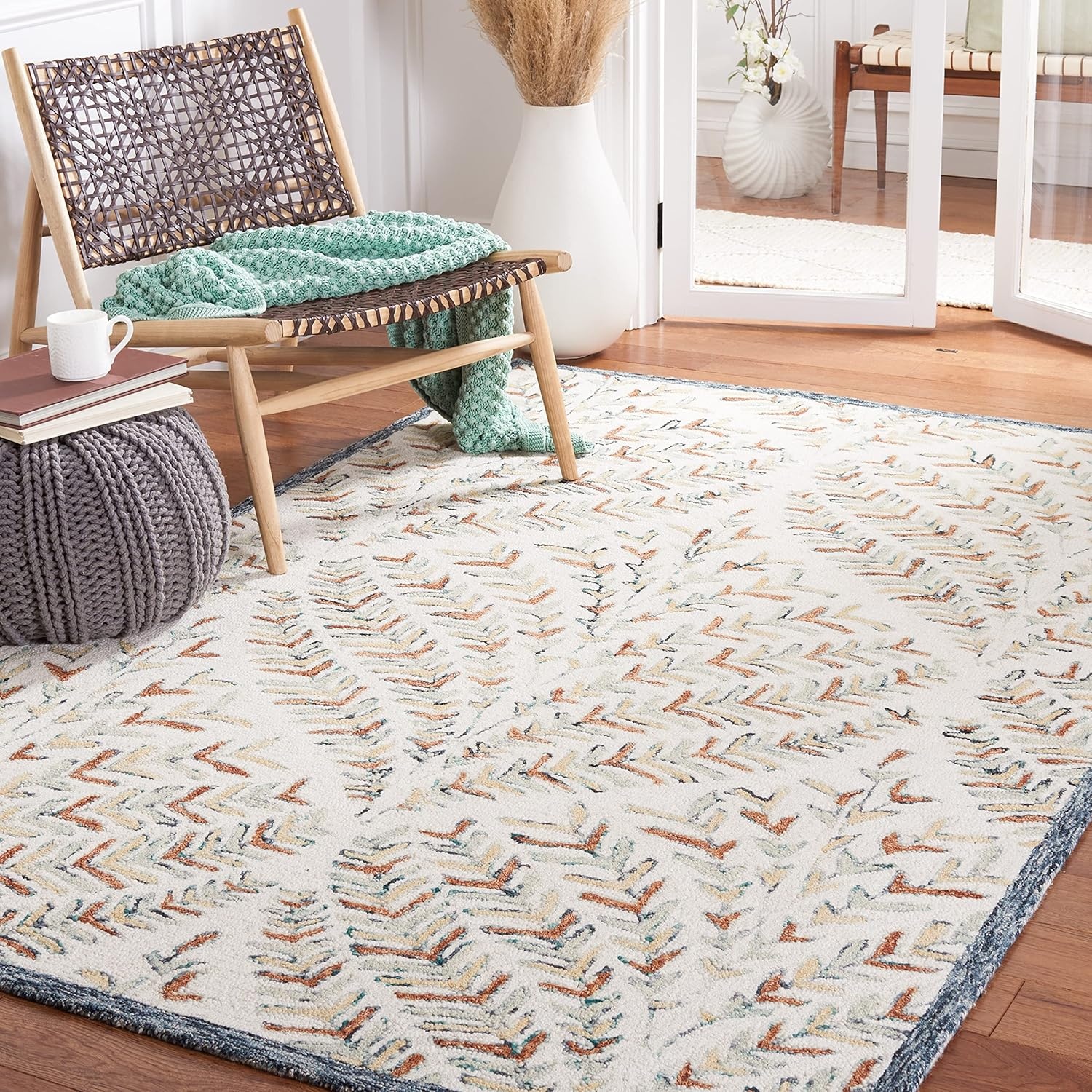 image:imageSAFAVIEH Area Rug 8x10 Capri Collection Large Ivory amp Blue Handmade Wool Ideal for Living Room Bedroom Office Dining Space CPR208AIvoryGreen