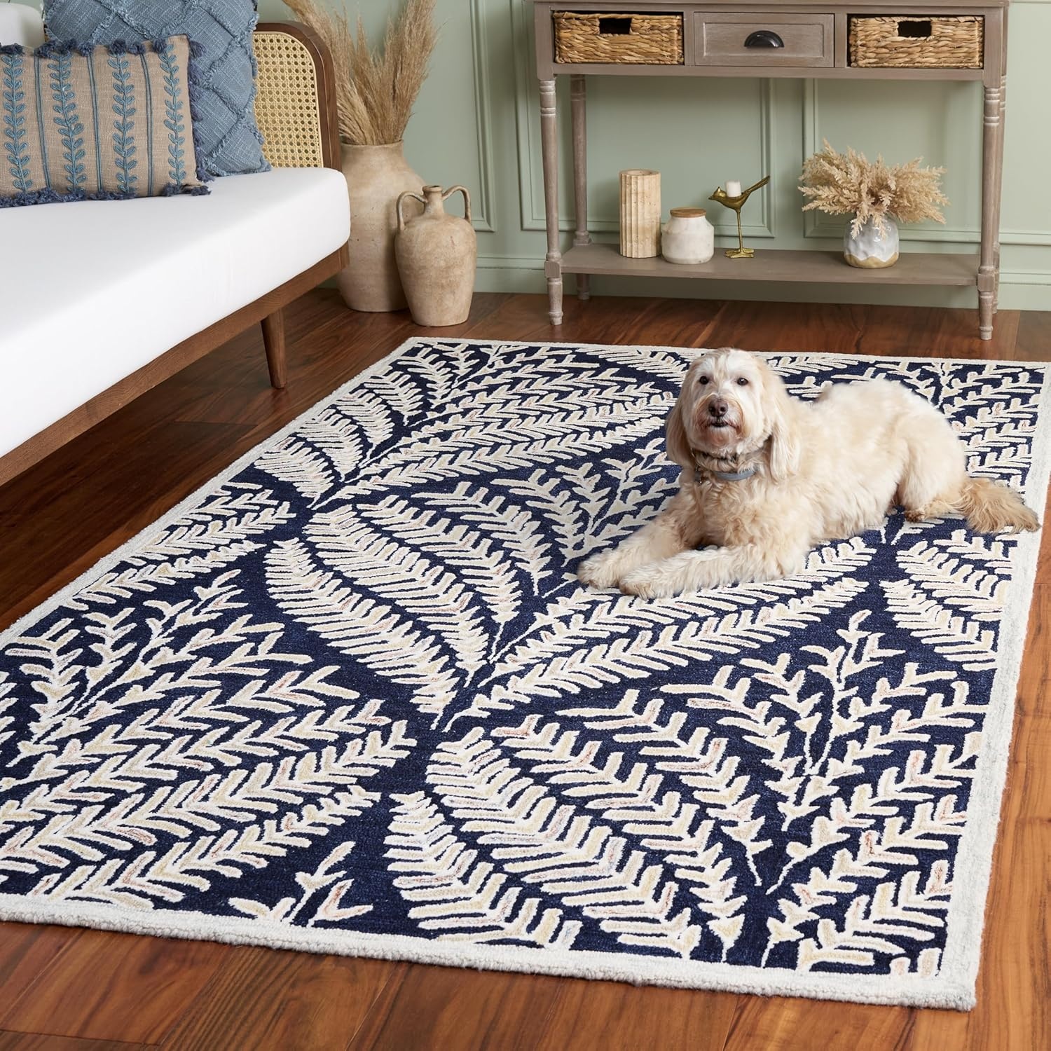 image:imageSAFAVIEH Area Rug 8x10 Capri Collection Large Ivory amp Blue Handmade Wool Ideal for Living Room Bedroom Office Dining Space CPR208ANavyIvory