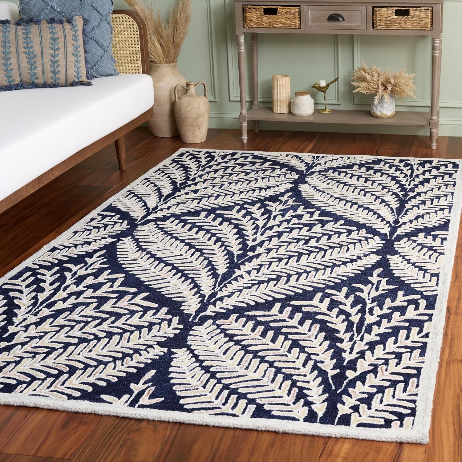 image:imageSAFAVIEH Area Rug 8x10 Capri Collection Large Ivory amp Blue Handmade Wool Ideal for Living Room Bedroom Office Dining Space CPR208ANavyIvory