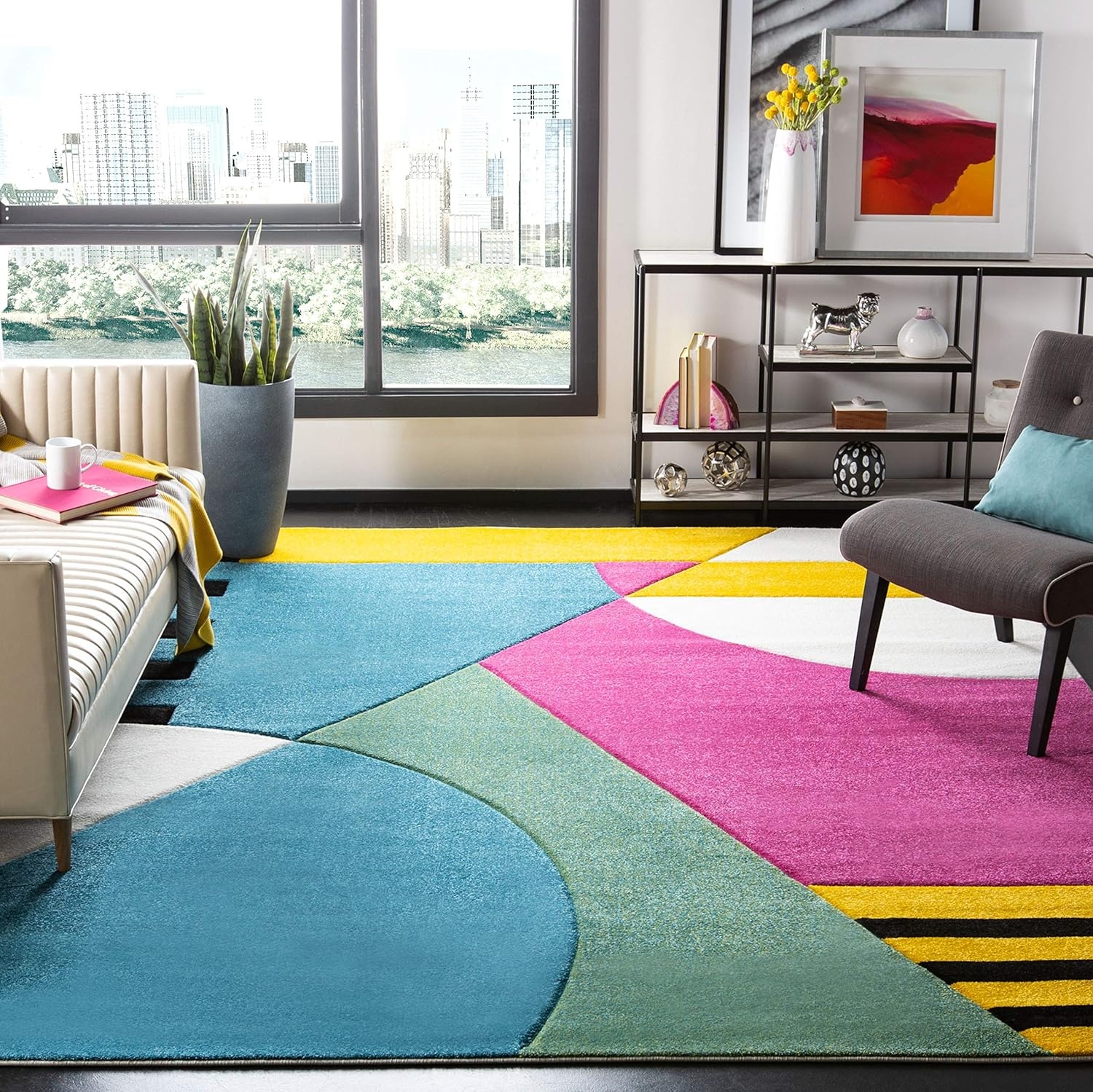 image:imageSAFAVIEH Area Rug 8x10 Hollywood Collection Large Peacock Blue amp Fuchsia MidCentury Modern Design NonShedding amp Easy Cleaning Ideal for Living Room Bedroom Office Dining Space HLW706CPeacock BlueFuchsia