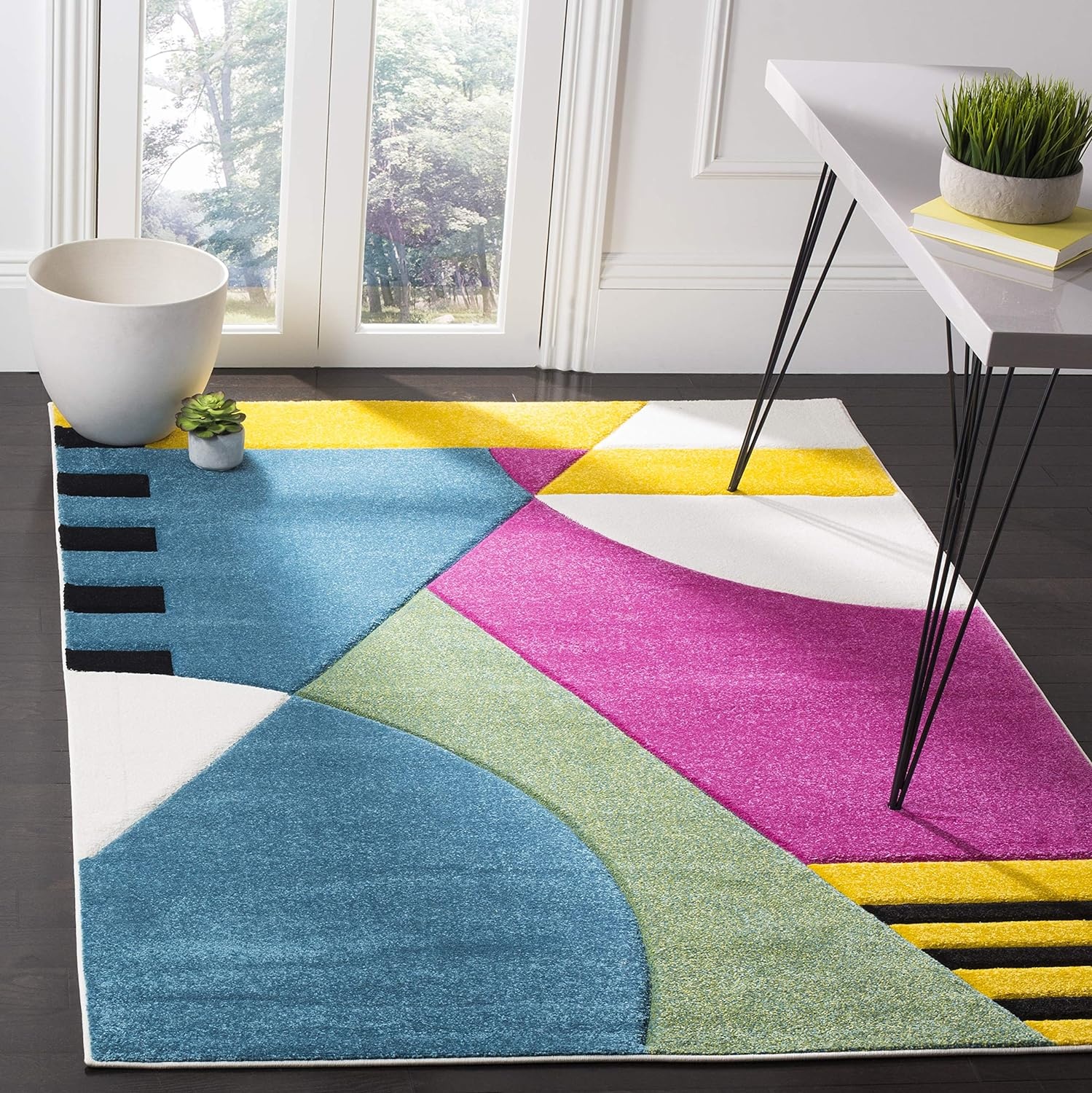 image:imageSAFAVIEH Area Rug 8x10 Hollywood Collection Large Peacock Blue amp Fuchsia MidCentury Modern Design NonShedding amp Easy Cleaning Ideal for Living Room Bedroom Office Dining Space HLW706CPeacock BlueFuchsia