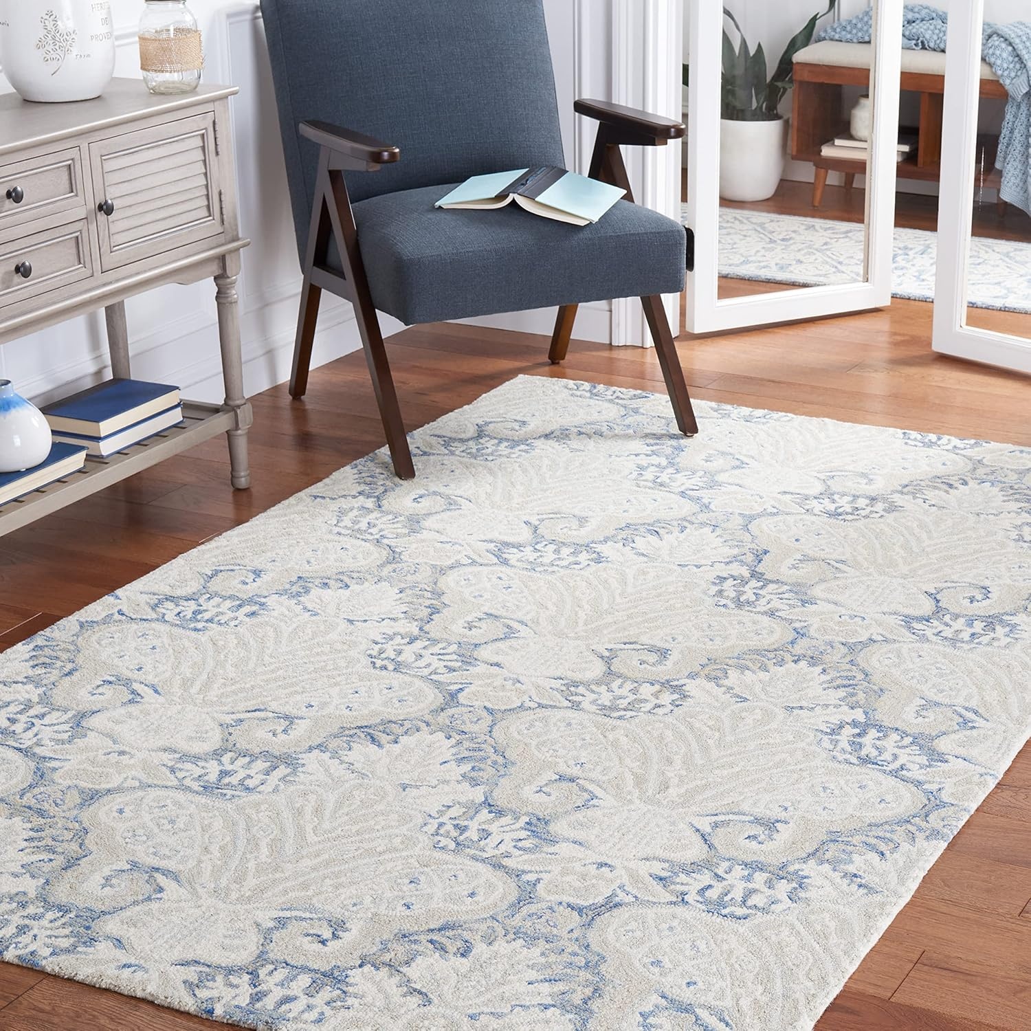 image:imageSAFAVIEH Area Rug 8x10 MicroLoop Collection Large Beige Handmade Wool Ideal for Living Room Bedroom Office Dining Space MLP539BBlueIvory