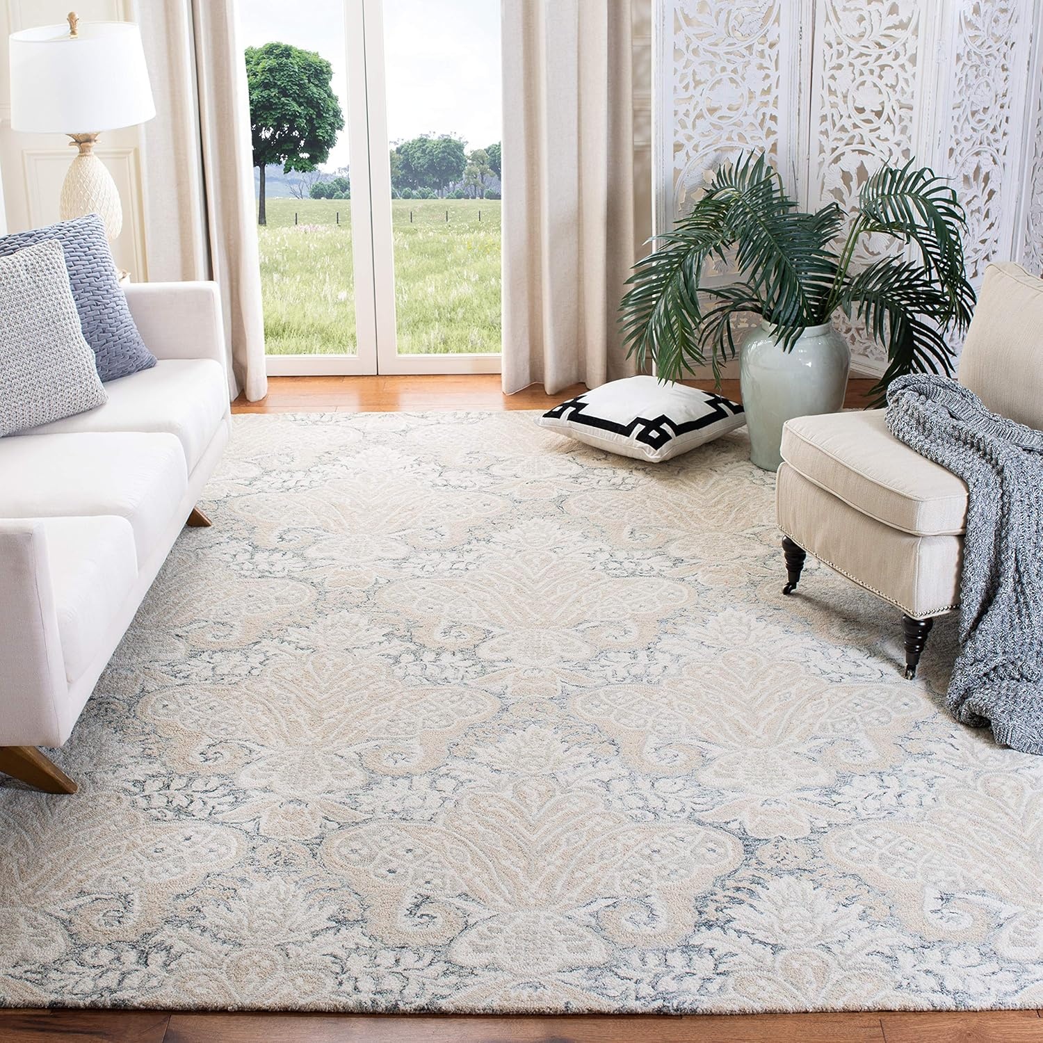 image:imageSAFAVIEH Area Rug 8x10 MicroLoop Collection Large Beige Handmade Wool Ideal for Living Room Bedroom Office Dining Space MLP539BCharcoalIvory