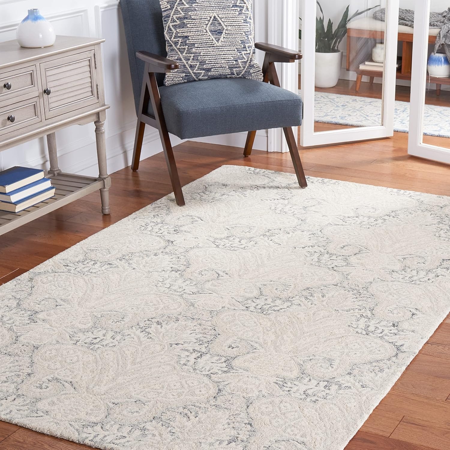 image:imageSAFAVIEH Area Rug 8x10 MicroLoop Collection Large Beige Handmade Wool Ideal for Living Room Bedroom Office Dining Space MLP539BCharcoalIvory