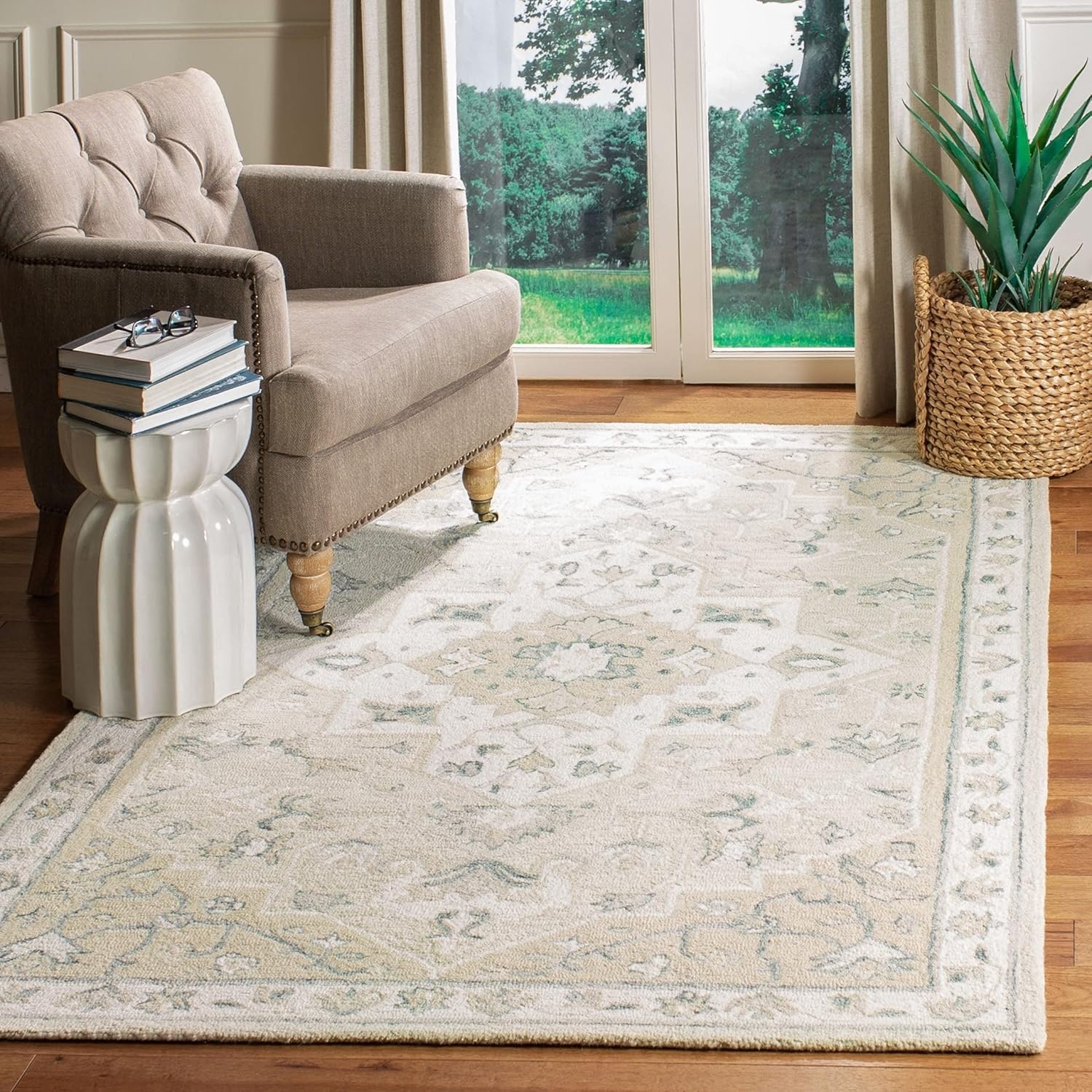 image:imageSAFAVIEH Area Rug 8x10 MicroLoop Collection Large Light Grey amp Ivory Handmade Wool Medallion Design Ideal for Living Room Bedroom Office Dining Space MLP505FNavyIvory