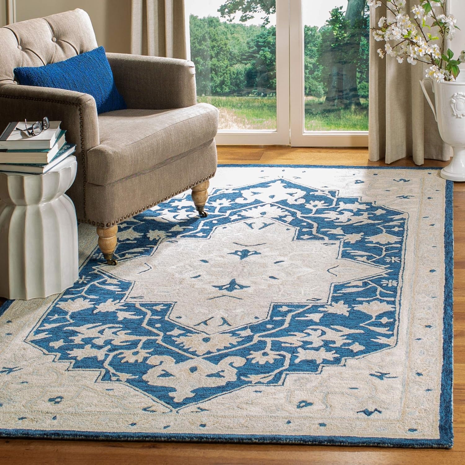 image:imageSAFAVIEH Area Rug 8x10 MicroLoop Collection Large Light Grey amp Ivory Handmade Wool Medallion Design Ideal for Living Room Bedroom Office Dining Space MLP505FNavyIvory