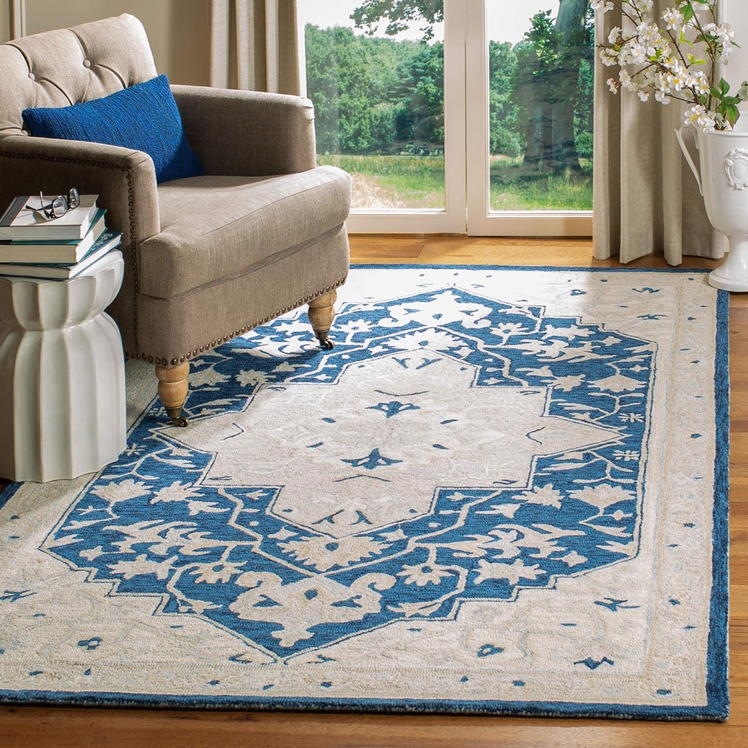 image:imageSAFAVIEH Area Rug 8x10 MicroLoop Collection Large Light Grey amp Ivory Handmade Wool Medallion Design Ideal for Living Room Bedroom Office Dining Space MLP505FNavyIvory