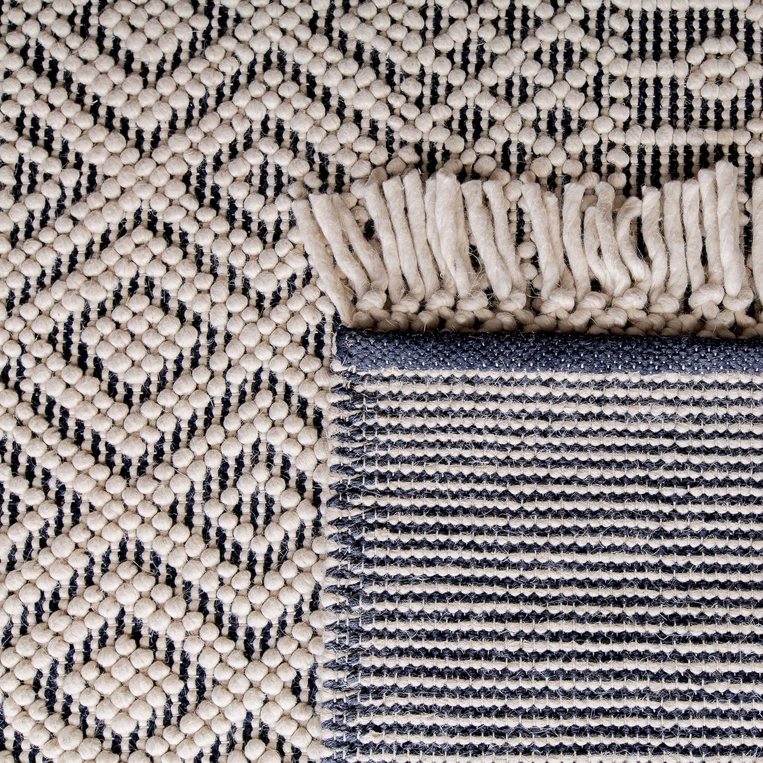 image:imageSAFAVIEH Area Rug 8x10 Natura Collection Large Ivory Handmade Wool Moroccan Boho Fringe Design Ideal for Living Room Bedroom Dining Space NAT852BIvoryNavy