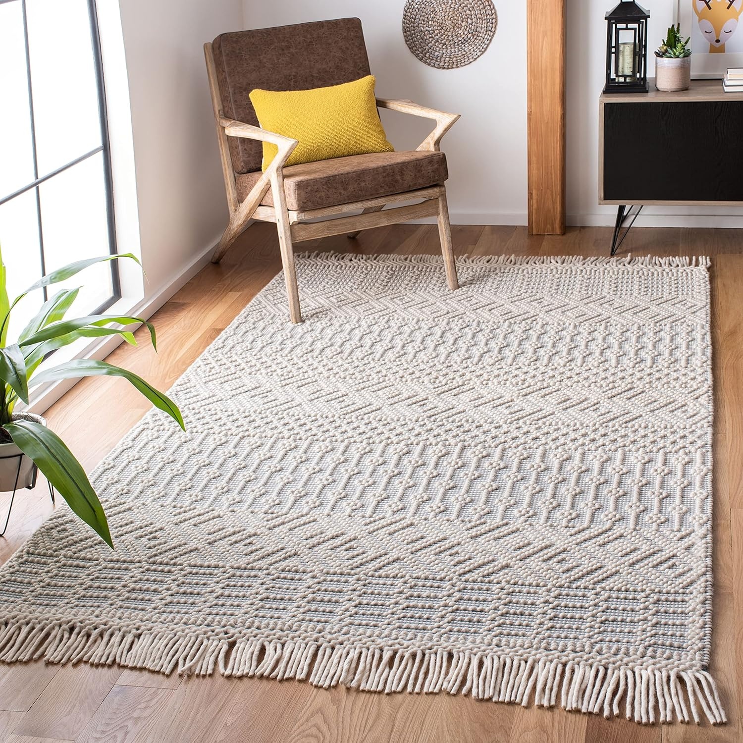 image:imageSAFAVIEH Area Rug 8x10 Natura Collection Large Ivory Handmade Wool Moroccan Boho Fringe Design Ideal for Living Room Bedroom Dining Space NAT852BIvoryGrey