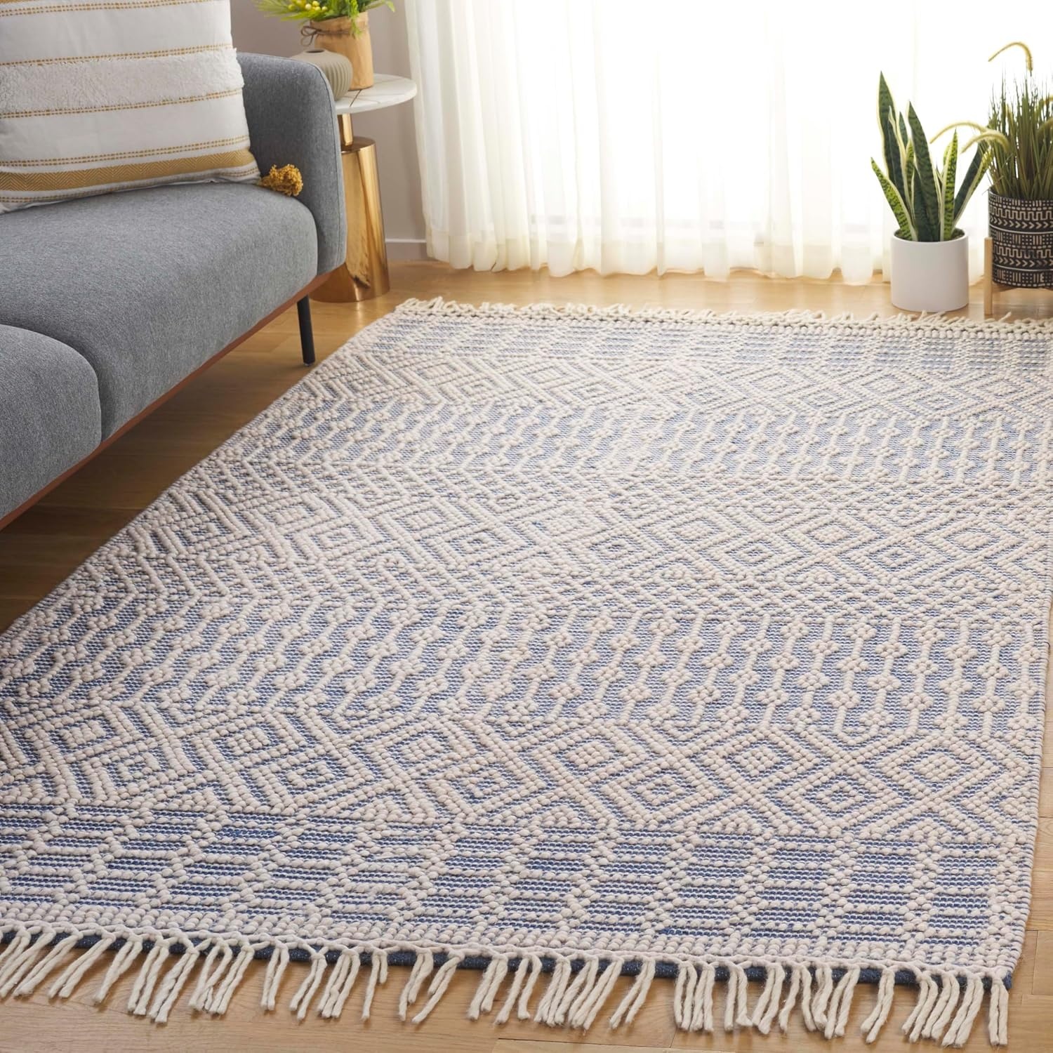 image:imageSAFAVIEH Area Rug 8x10 Natura Collection Large Ivory Handmade Wool Moroccan Boho Fringe Design Ideal for Living Room Bedroom Dining Space NAT852BIvoryBlue