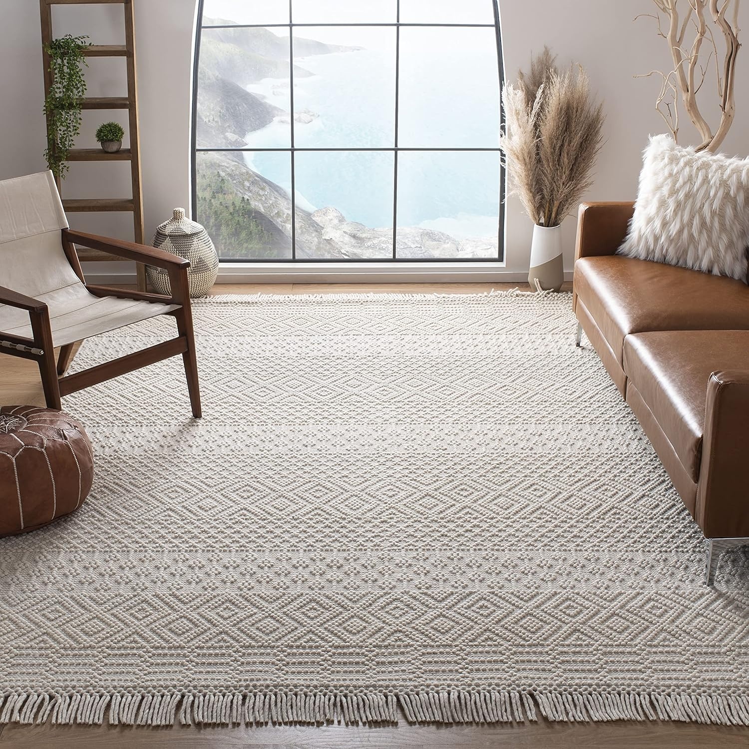 image:imageSAFAVIEH Area Rug 8x10 Natura Collection Large Ivory Handmade Wool Moroccan Boho Fringe Design Ideal for Living Room Bedroom Dining Space NAT852BIvory