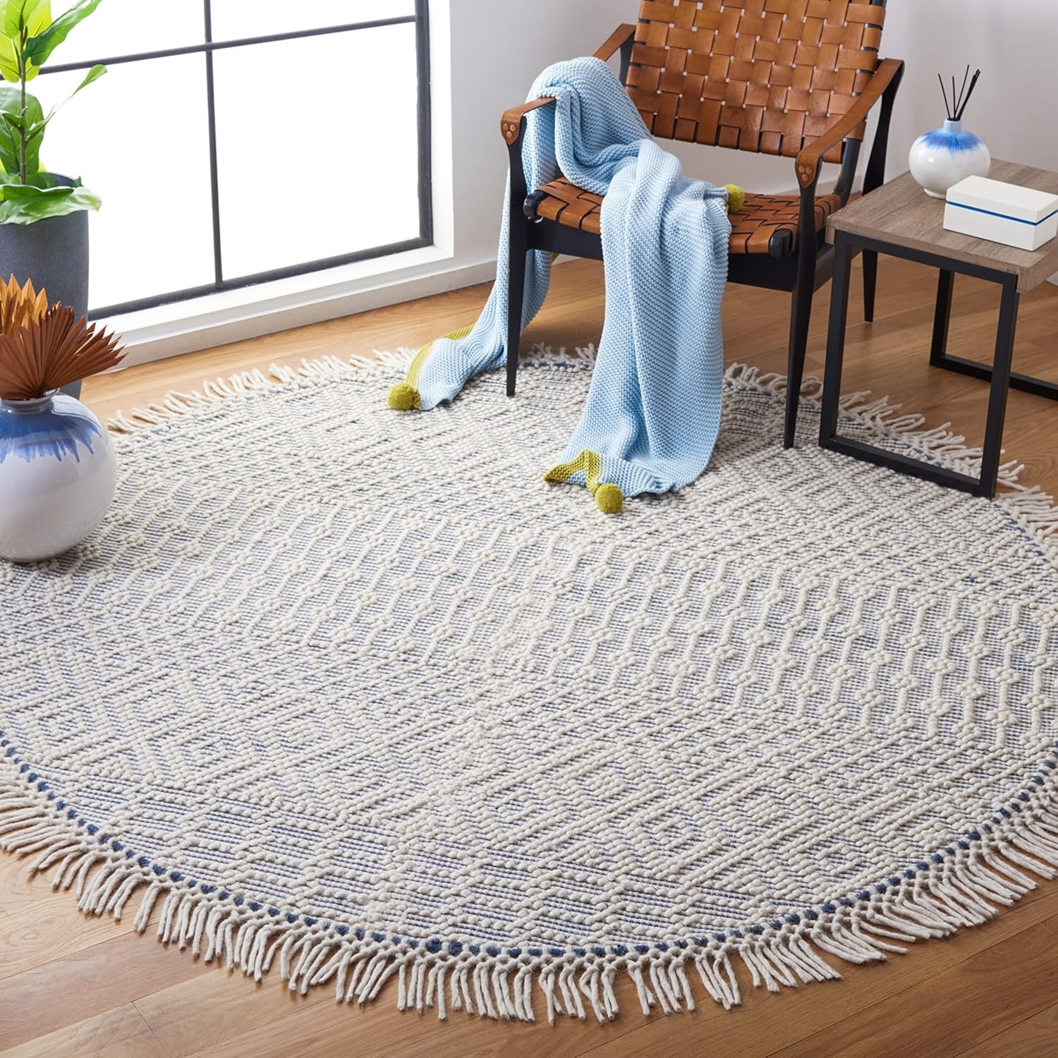 image:imageSAFAVIEH Area Rug 8x10 Natura Collection Large Ivory Handmade Wool Moroccan Boho Fringe Design Ideal for Living Room Bedroom Dining Space NAT852BIvoryBlue