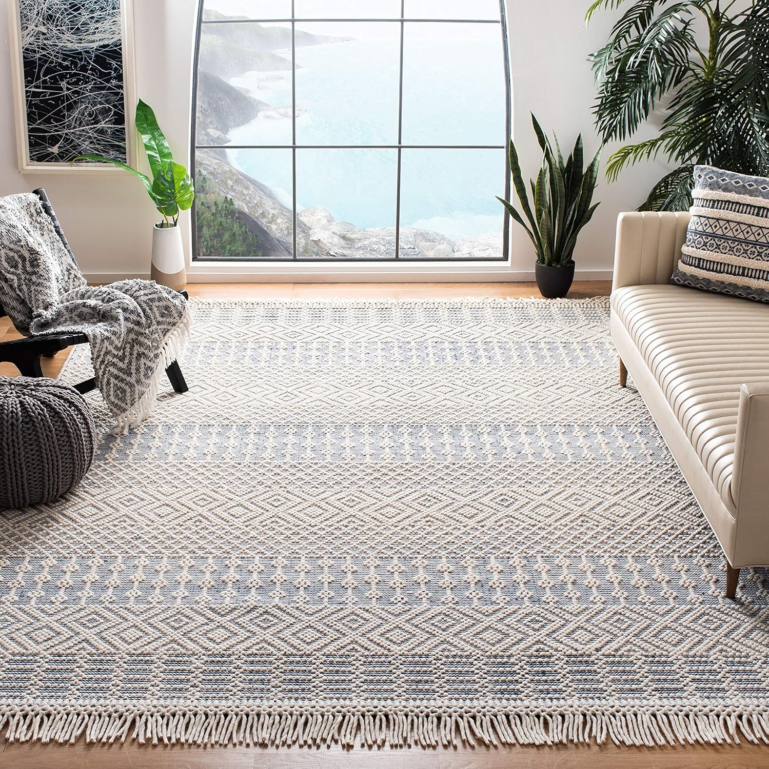 image:imageSAFAVIEH Area Rug 8x10 Natura Collection Large Ivory Handmade Wool Moroccan Boho Fringe Design Ideal for Living Room Bedroom Dining Space NAT852BIvoryBlue