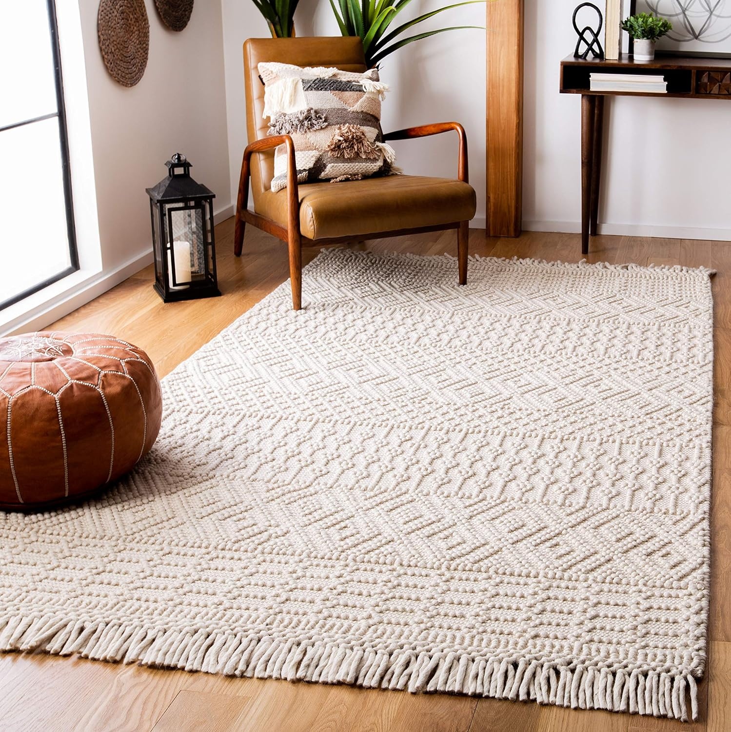 image:imageSAFAVIEH Area Rug 8x10 Natura Collection Large Ivory Handmade Wool Moroccan Boho Fringe Design Ideal for Living Room Bedroom Dining Space NAT852BIvory