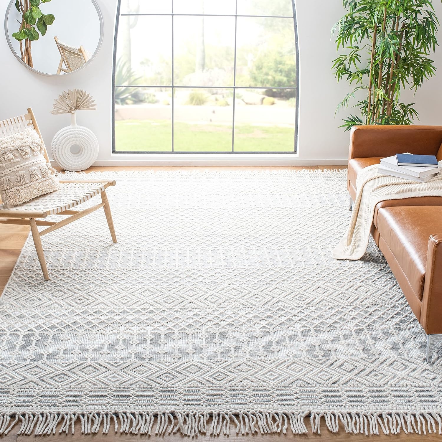 image:imageSAFAVIEH Area Rug 8x10 Natura Collection Large Ivory Handmade Wool Moroccan Boho Fringe Design Ideal for Living Room Bedroom Dining Space NAT852BIvoryGrey
