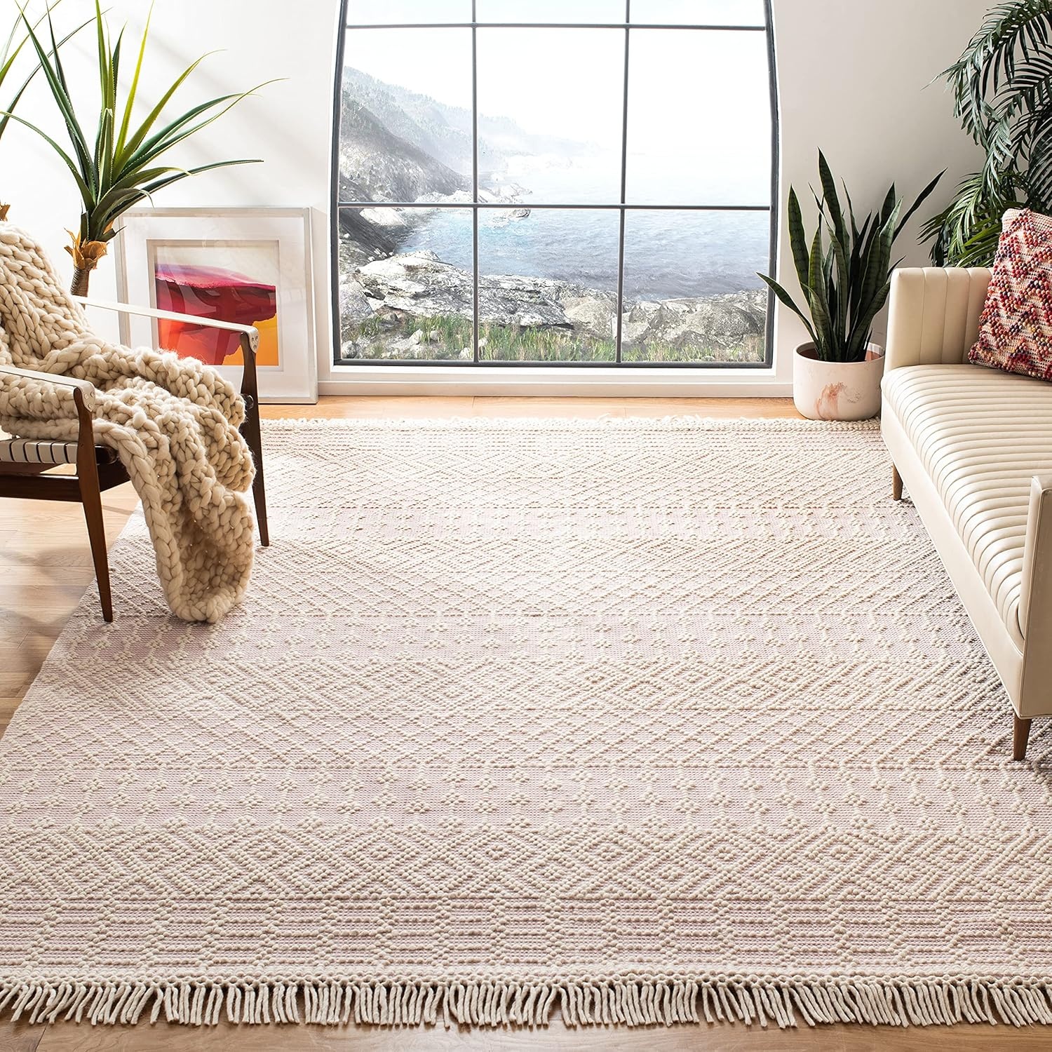 image:imageSAFAVIEH Area Rug 8x10 Natura Collection Large Ivory Handmade Wool Moroccan Boho Fringe Design Ideal for Living Room Bedroom Dining Space NAT852BIvoryPink