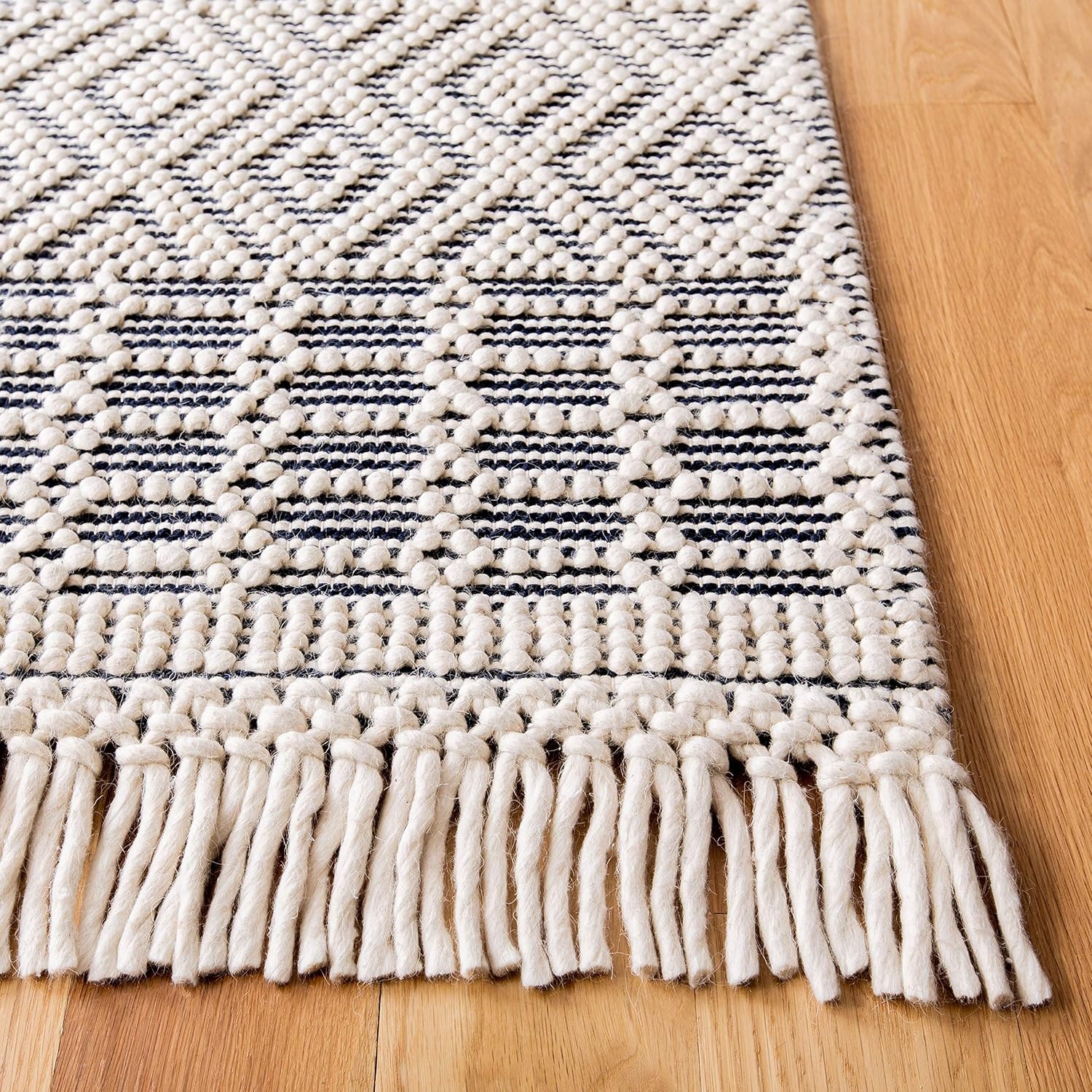image:imageSAFAVIEH Area Rug 8x10 Natura Collection Large Ivory Handmade Wool Moroccan Boho Fringe Design Ideal for Living Room Bedroom Dining Space NAT852BIvoryNavy