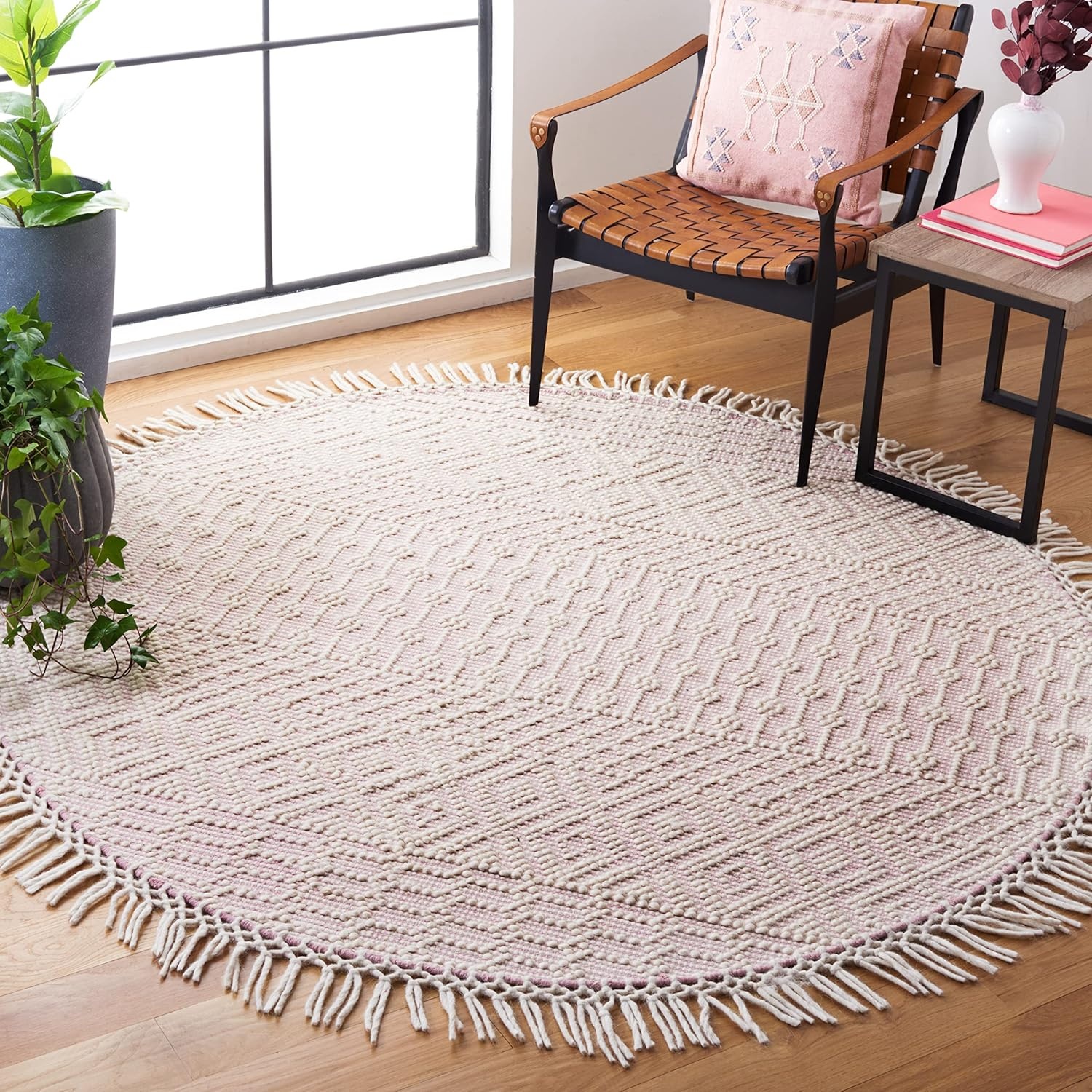 image:imageSAFAVIEH Area Rug 8x10 Natura Collection Large Ivory Handmade Wool Moroccan Boho Fringe Design Ideal for Living Room Bedroom Dining Space NAT852BIvoryPink