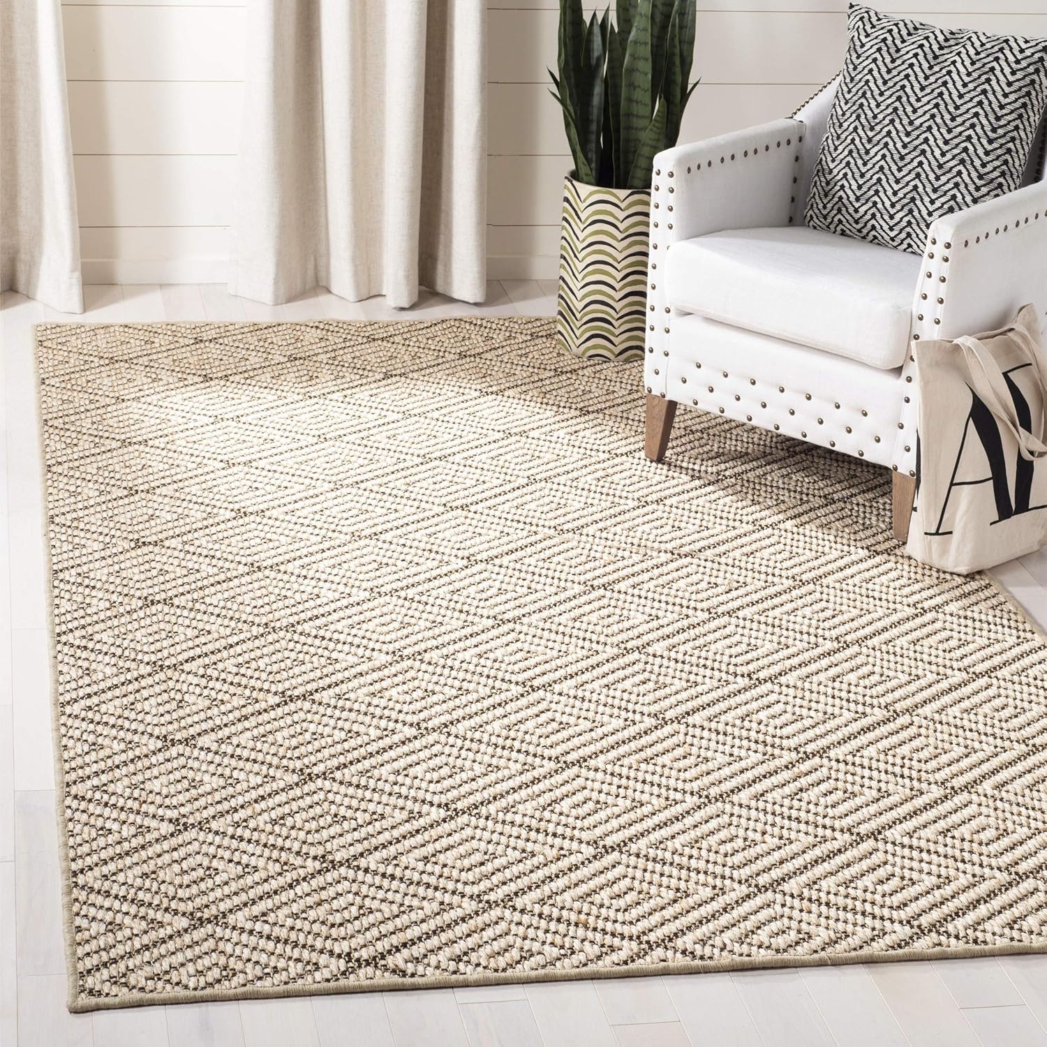 image:imageSAFAVIEH Area Rug 8x10 Palm Beach Collection Large Beige amp Beige Sisal Jacquard Weave Ideal for Living Room Bedroom Office Dining Space PAB360ABeigeBrown