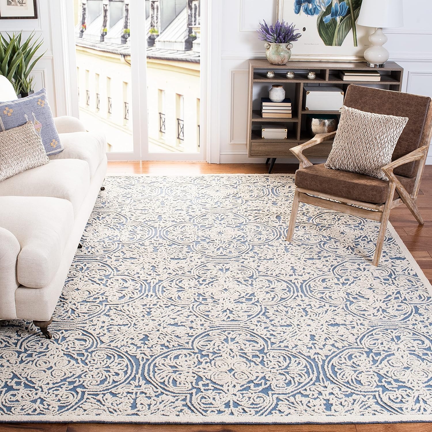 image:imageSAFAVIEH Area Rug 8x10 Trace Collection Large Ivory Handmade Wool Ideal for Living Room Bedroom Office Dining Space TRC101CBlueIvory