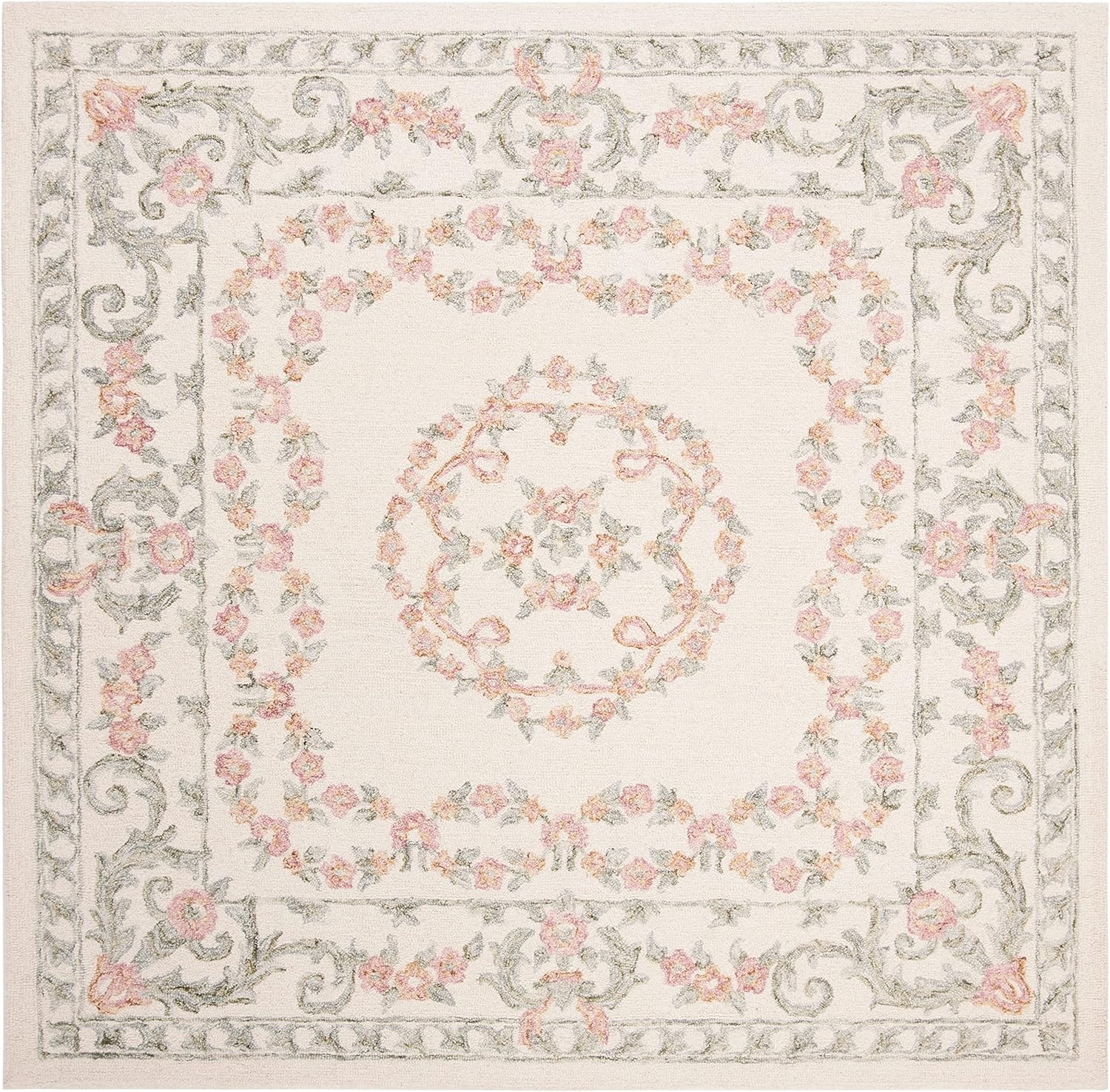 image:imageSAFAVIEH Aubusson Collection Area Rug 6 Square Ivory amp Pink Handmade Traditional Wool Ideal for High Traffic Areas in Living Room Bedroom AUB102AIvoryPink