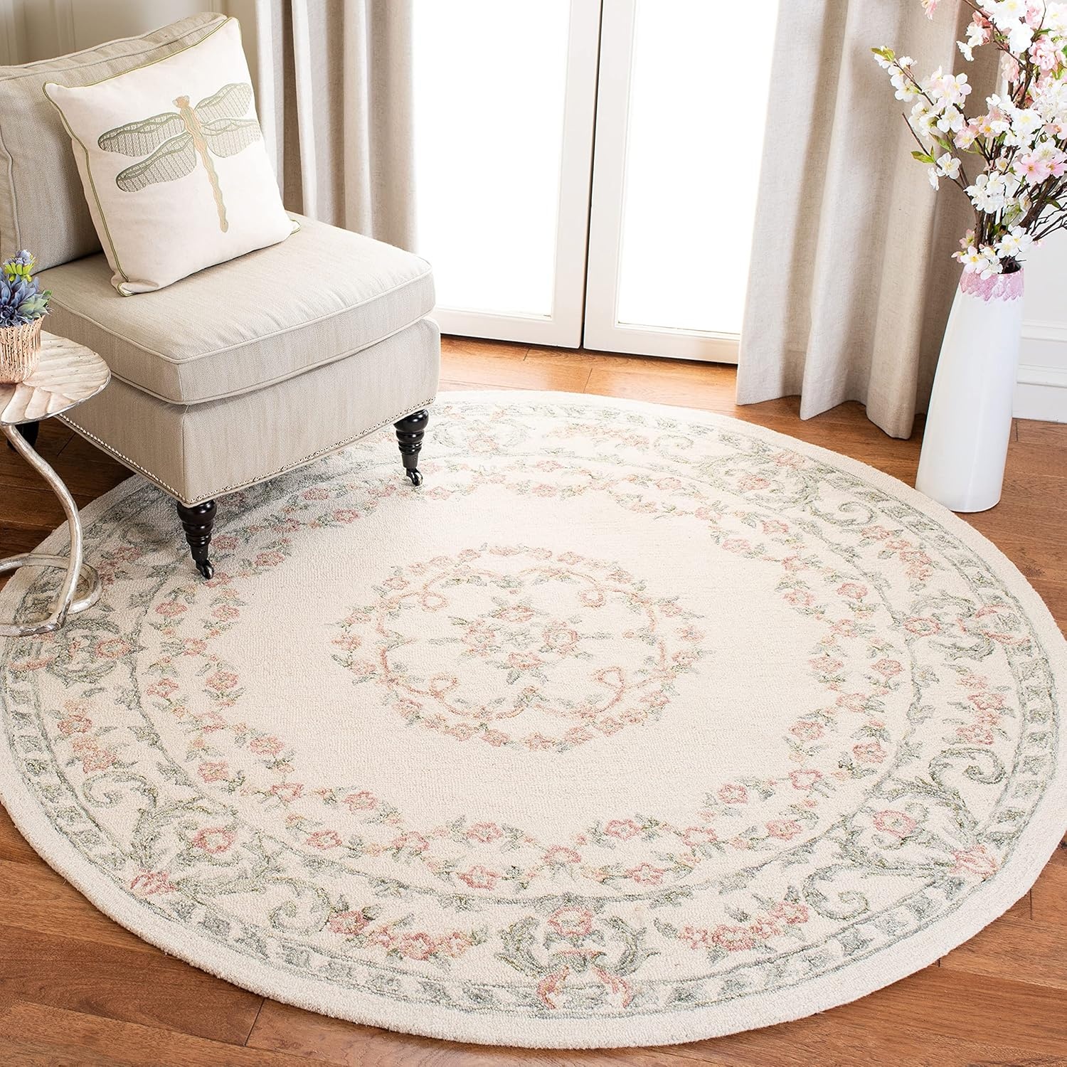 image:imageSAFAVIEH Aubusson Collection Area Rug 6 Square Ivory amp Pink Handmade Traditional Wool Ideal for High Traffic Areas in Living Room Bedroom AUB102AIvoryPink
