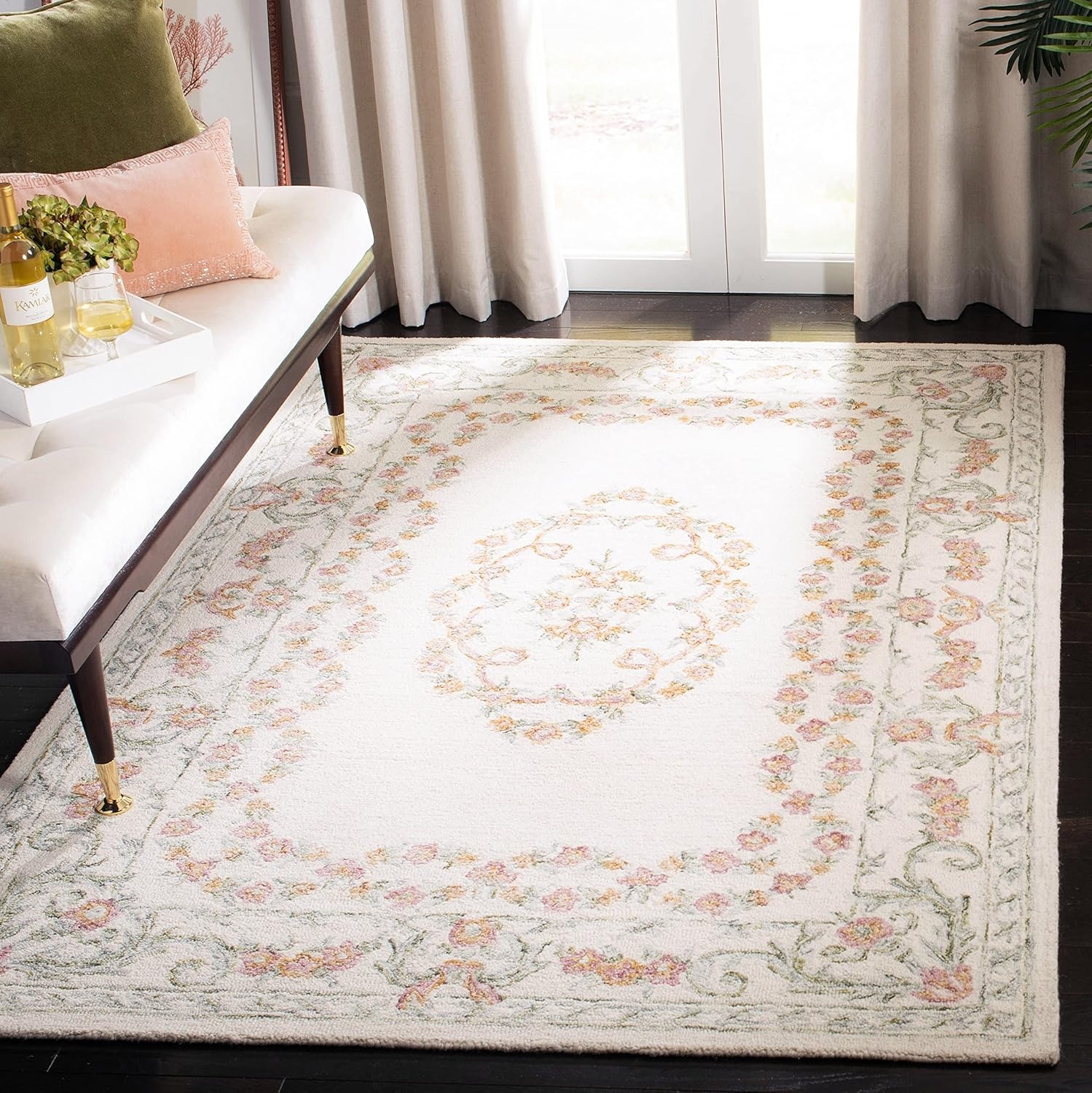 image:imageSAFAVIEH Aubusson Collection Area Rug 6 Square Ivory amp Pink Handmade Traditional Wool Ideal for High Traffic Areas in Living Room Bedroom AUB102AIvoryPink