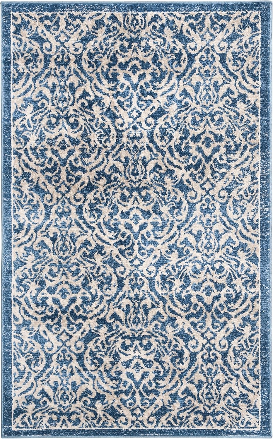 image:imageSAFAVIEH Brentwood Collection 8 x 10 Navy Cream BNT810N Damask NonShedding Living Room Bedroom Dining Home Office Area RugNavyCreme