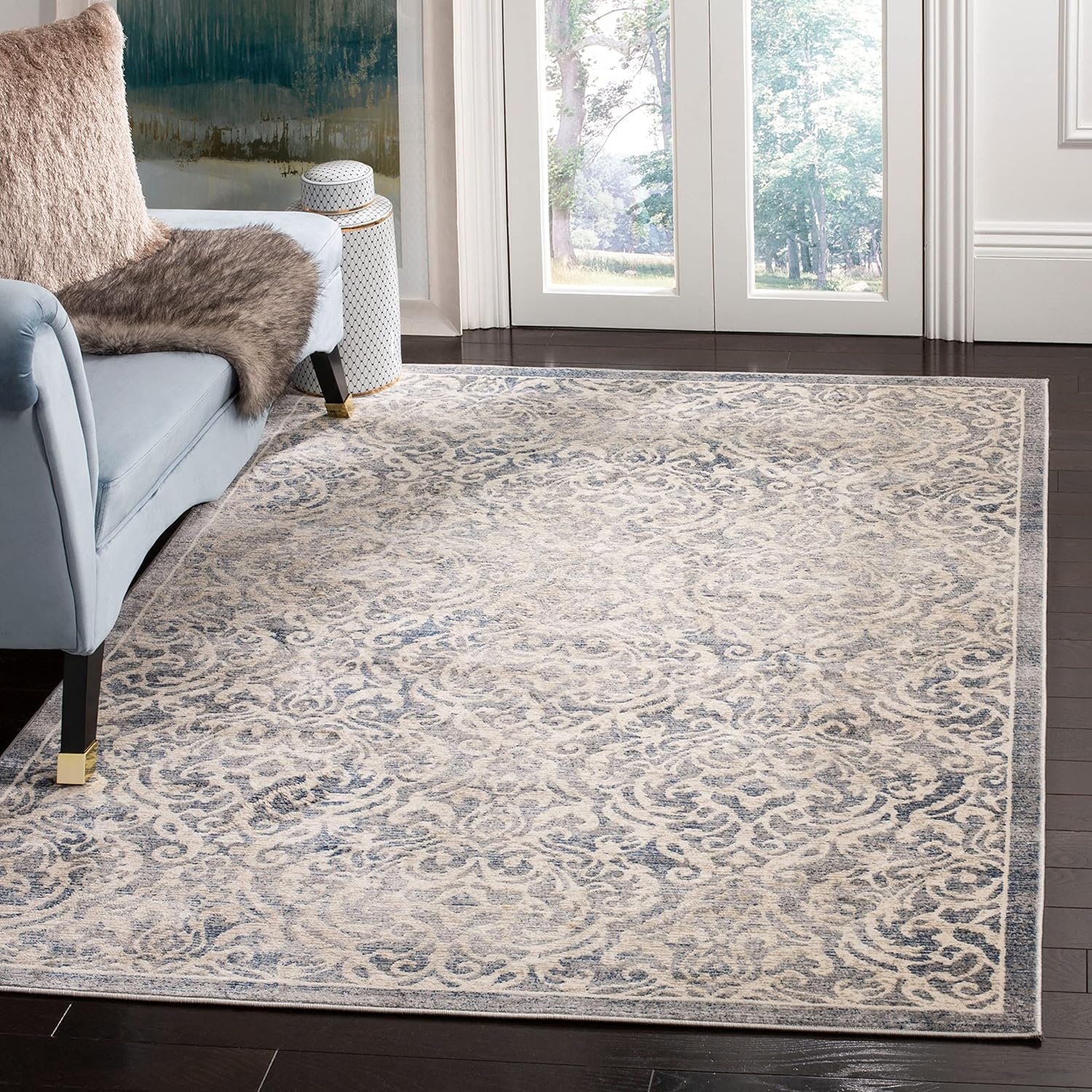 image:imageSAFAVIEH Brentwood Collection 8 x 10 Navy Cream BNT810N Damask NonShedding Living Room Bedroom Dining Home Office Area RugNavyCreme