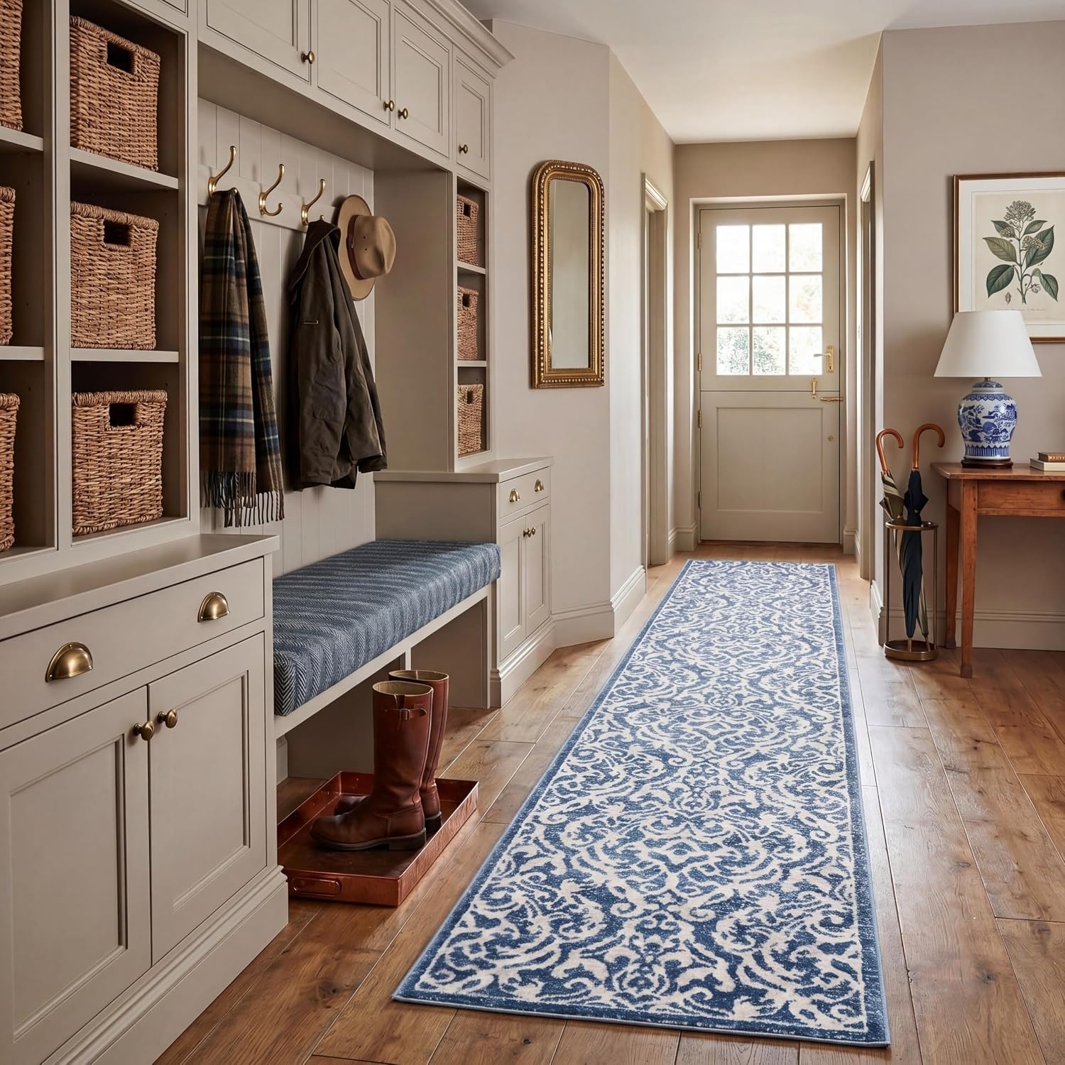 image:imageSAFAVIEH Brentwood Collection 8 x 10 Navy Cream BNT810N Damask NonShedding Living Room Bedroom Dining Home Office Area RugNavyCreme