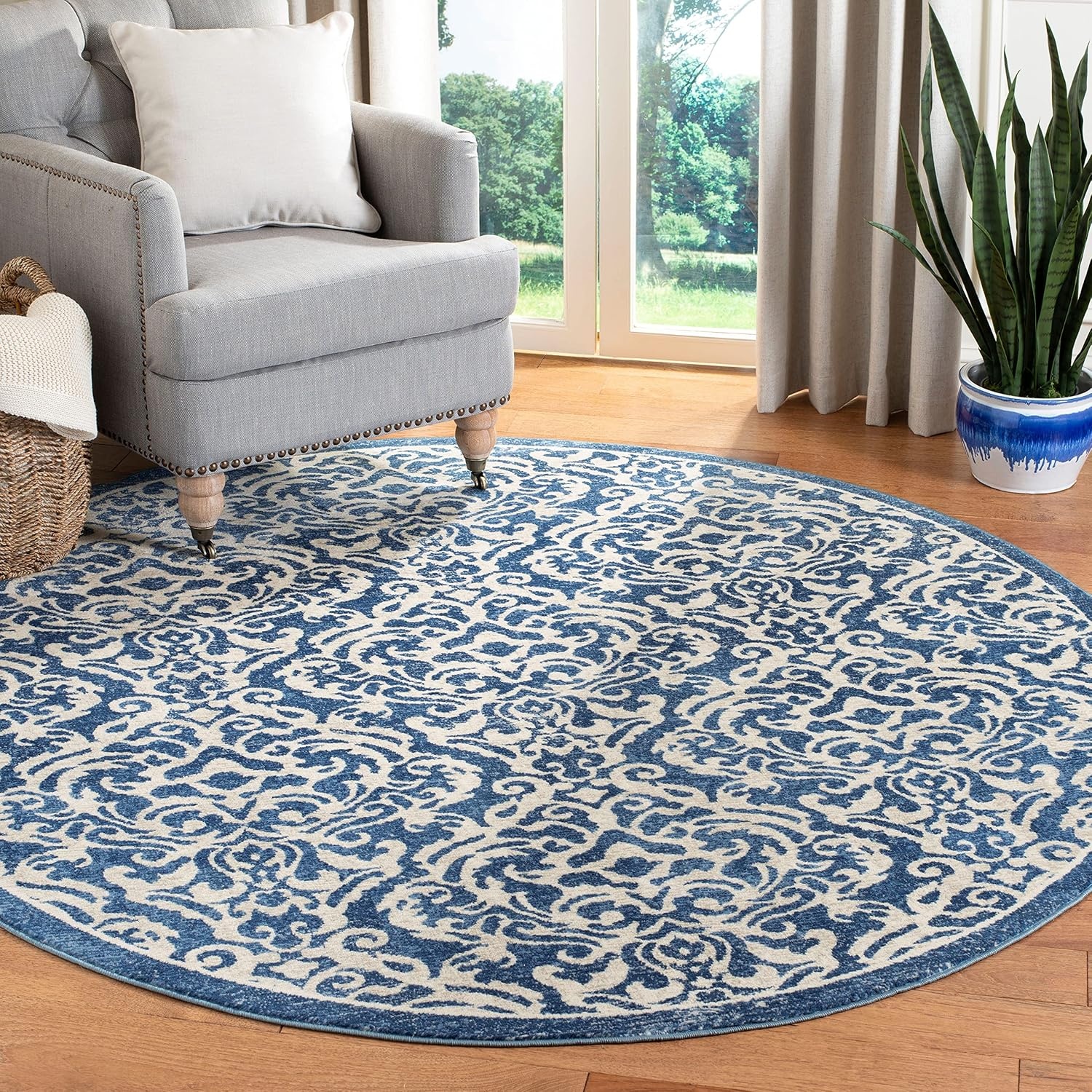 image:imageSAFAVIEH Brentwood Collection 8 x 10 Navy Cream BNT810N Damask NonShedding Living Room Bedroom Dining Home Office Area RugNavyCreme