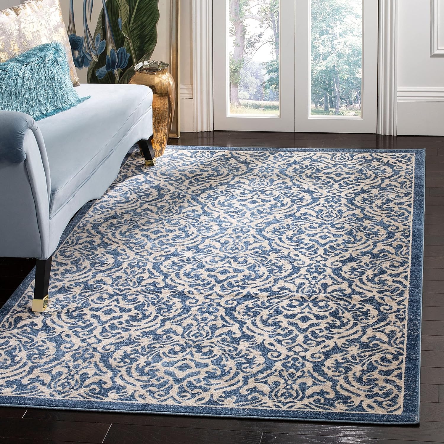 image:imageSAFAVIEH Brentwood Collection 8 x 10 Navy Cream BNT810N Damask NonShedding Living Room Bedroom Dining Home Office Area RugNavyCreme