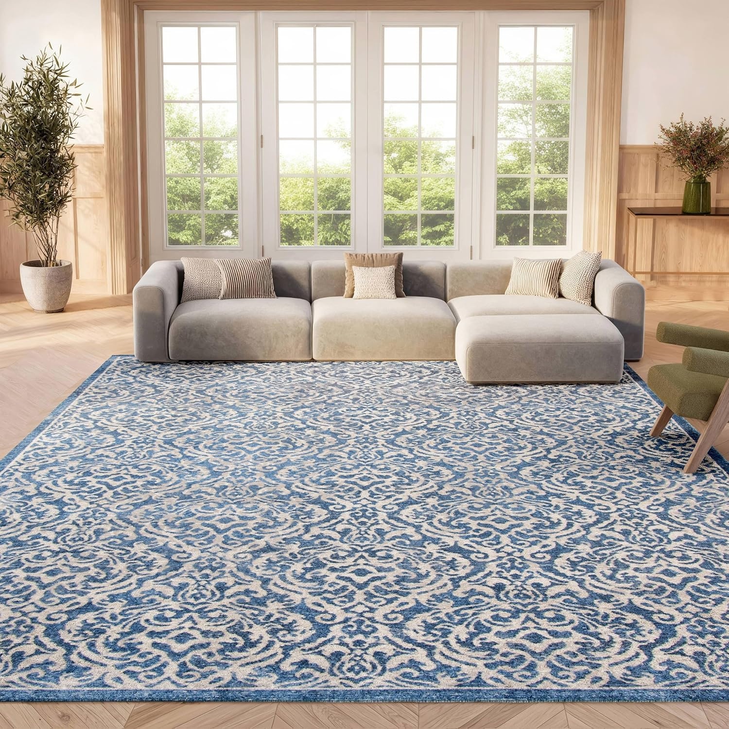 image:imageSAFAVIEH Brentwood Collection 8 x 10 Navy Cream BNT810N Damask NonShedding Living Room Bedroom Dining Home Office Area RugNavyCreme