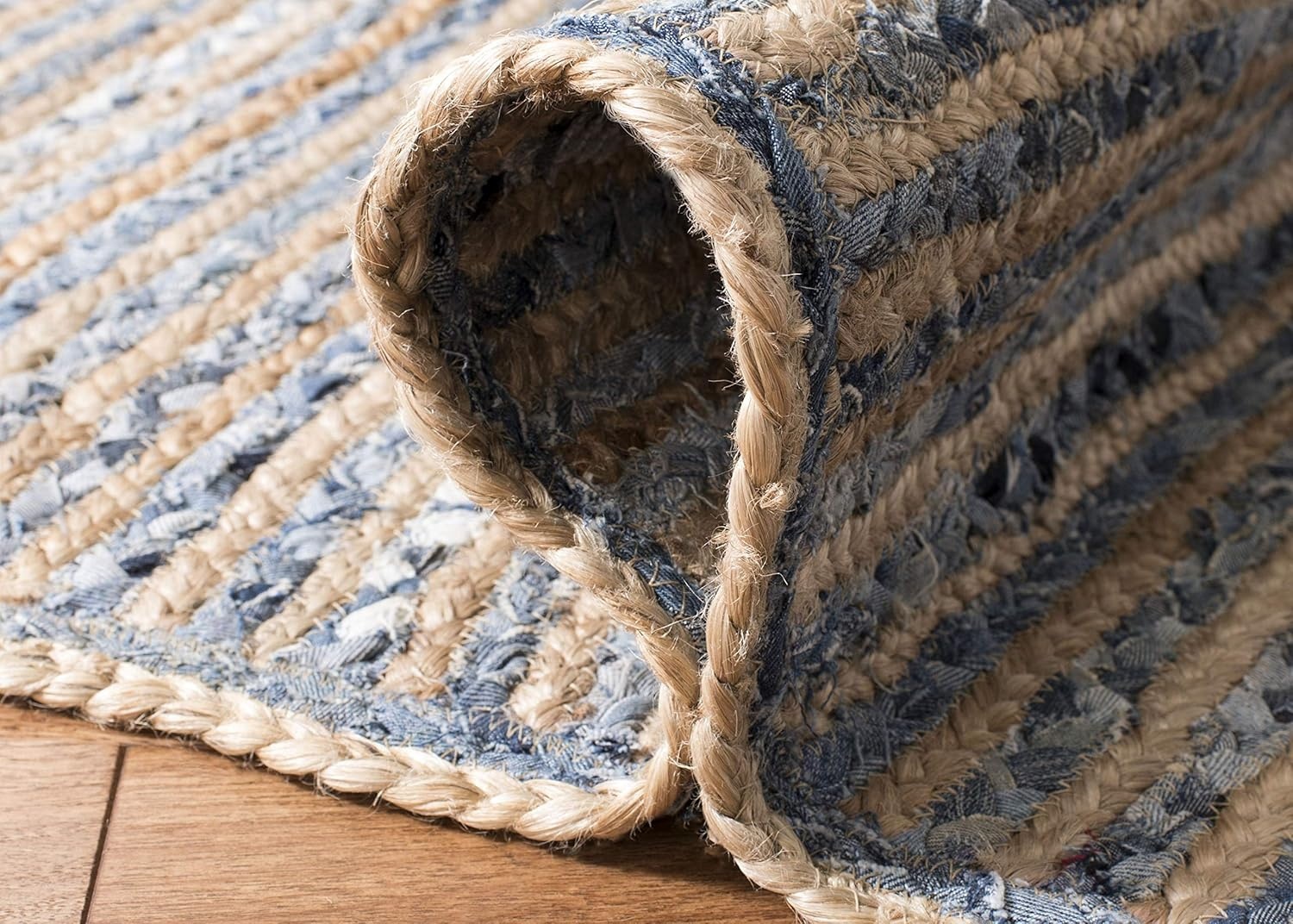 image:imageSAFAVIEH Cape Cod Collection Area Rug 8 x 10 Oval Natural amp Blue Handmade Flat Weave Jute Ideal for High Traffic Areas in Living Room Bedroom CAP250ANaturalBlue