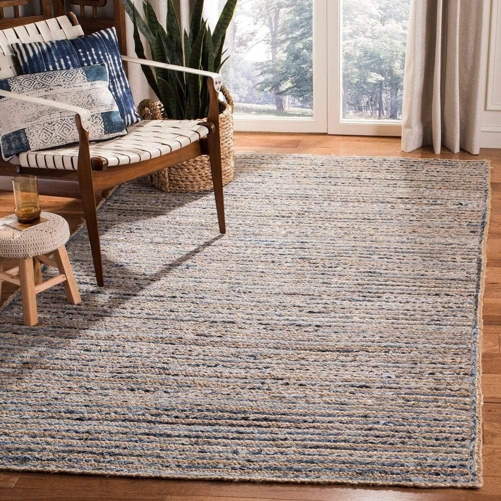image:imageSAFAVIEH Cape Cod Collection Area Rug 8 x 10 Oval Natural amp Blue Handmade Flat Weave Jute Ideal for High Traffic Areas in Living Room Bedroom CAP250ANaturalBlue