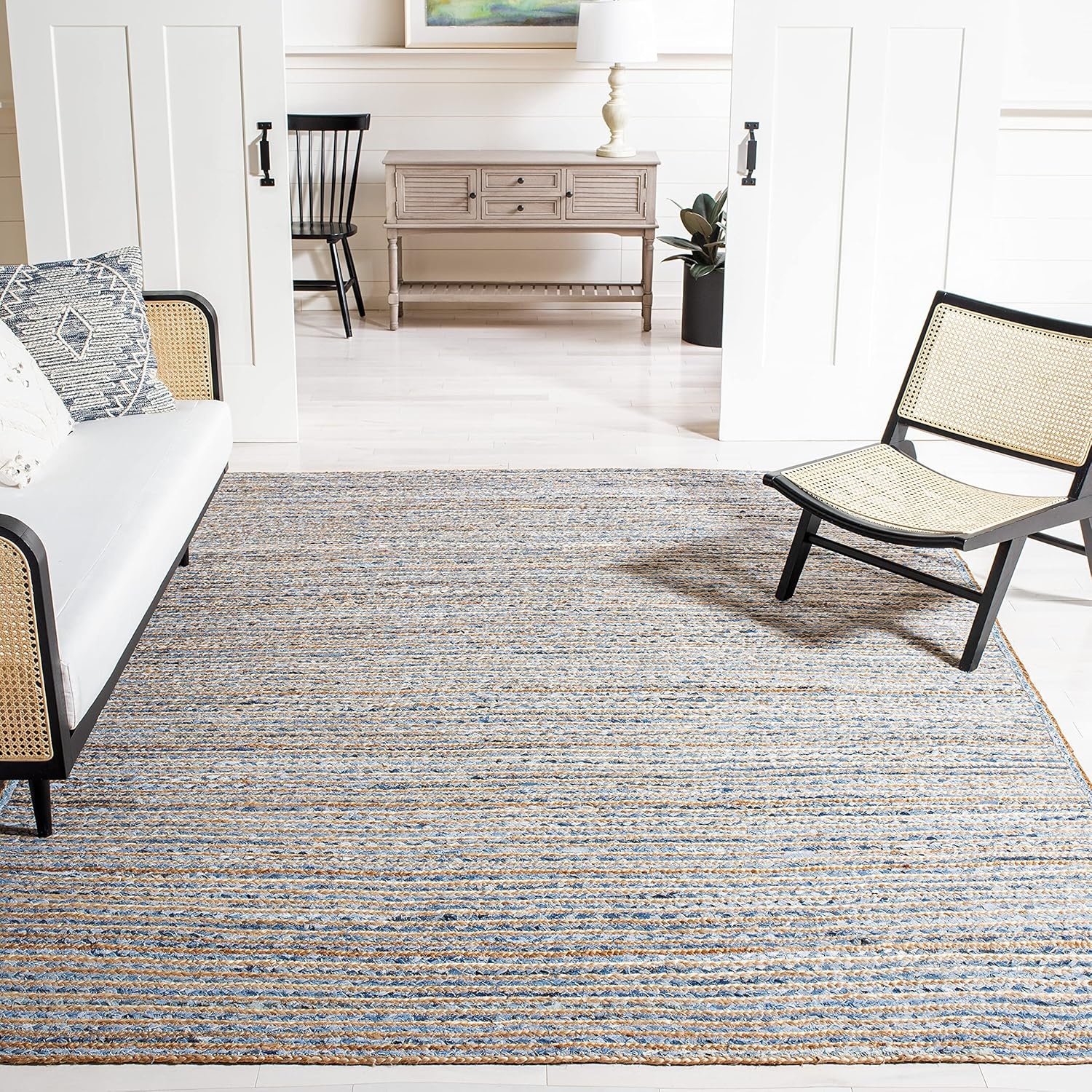 image:imageSAFAVIEH Cape Cod Collection Area Rug 8 x 10 Oval Natural amp Blue Handmade Flat Weave Jute Ideal for High Traffic Areas in Living Room Bedroom CAP250ANaturalBlue