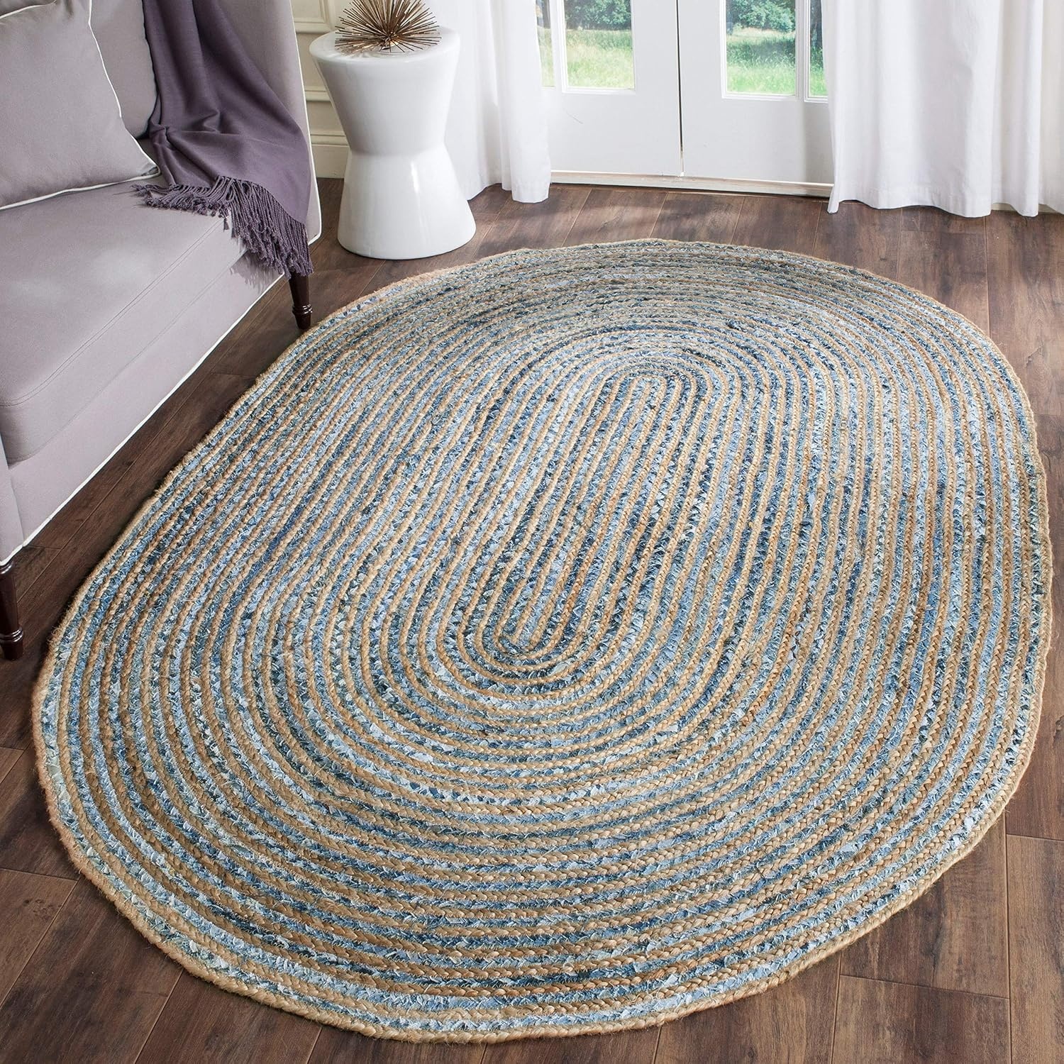 image:imageSAFAVIEH Cape Cod Collection Area Rug 8 x 10 Oval Natural amp Blue Handmade Flat Weave Jute Ideal for High Traffic Areas in Living Room Bedroom CAP250ANaturalBlue