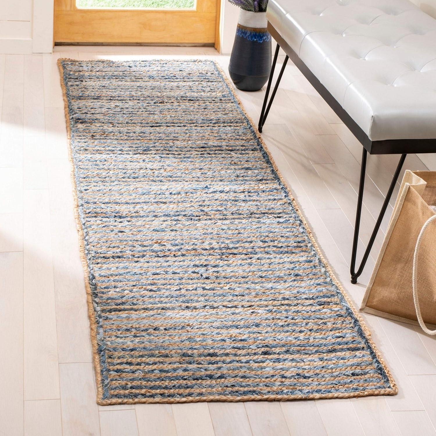 image:imageSAFAVIEH Cape Cod Collection Area Rug 8 x 10 Oval Natural amp Blue Handmade Flat Weave Jute Ideal for High Traffic Areas in Living Room Bedroom CAP250ANaturalBlue