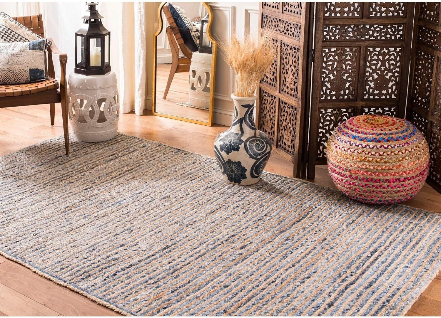 image:imageSAFAVIEH Cape Cod Collection Area Rug 8 x 10 Oval Natural amp Blue Handmade Flat Weave Jute Ideal for High Traffic Areas in Living Room Bedroom CAP250ANaturalBlue