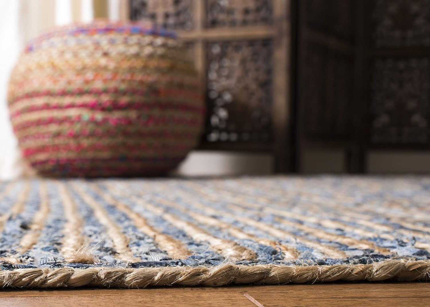 image:imageSAFAVIEH Cape Cod Collection Area Rug 8 x 10 Oval Natural amp Blue Handmade Flat Weave Jute Ideal for High Traffic Areas in Living Room Bedroom CAP250ANaturalBlue